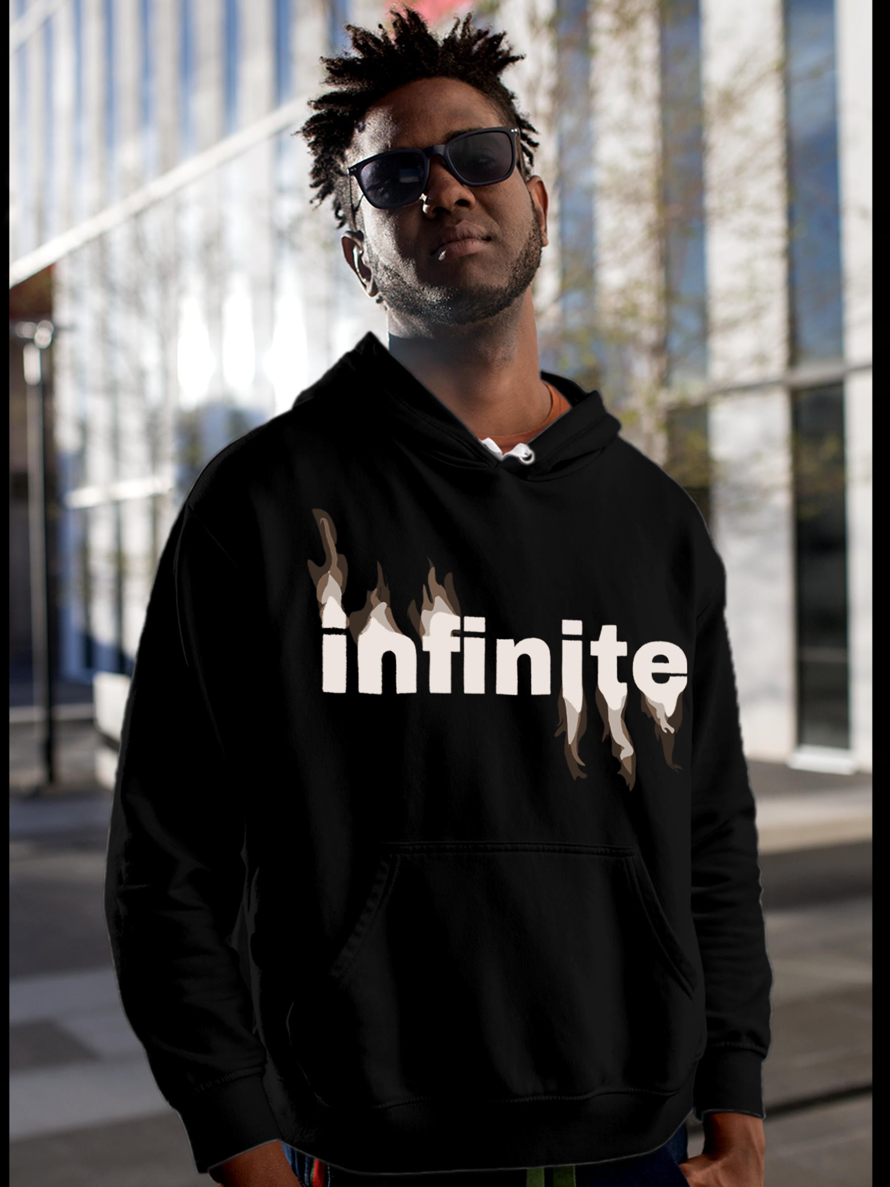 Model wearing Men's Black Hoodie Sweatshirt with 'Infinite' design, offering effortless style and premium comfort