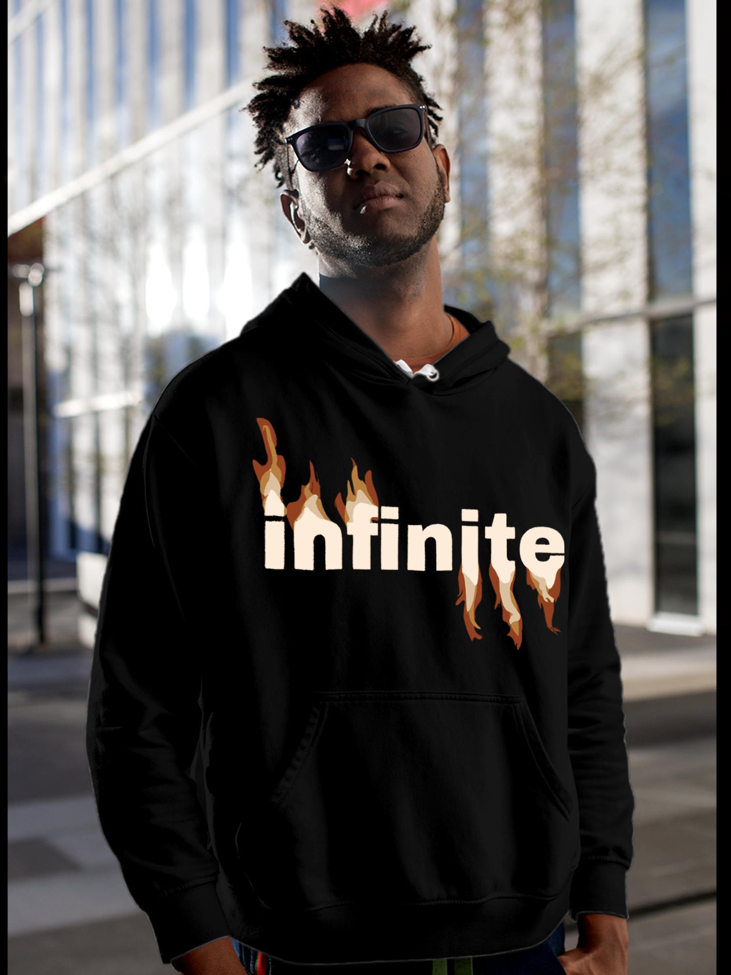 Model wearing Men's Black Hoodie Sweatshirt with 'Infinite' design, offering effortless style and premium comfort