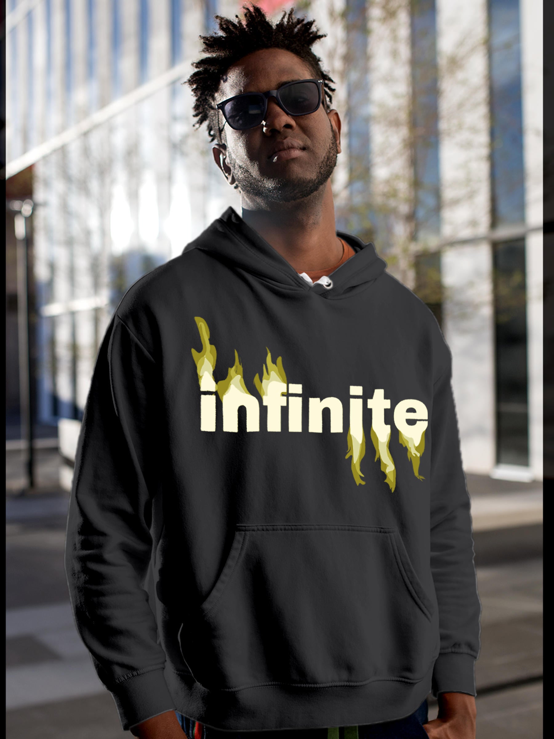 Model wearing Men's Dark Grey Hoodie Sweatshirt with 'Infinite' design, offering effortless style and premium comfort