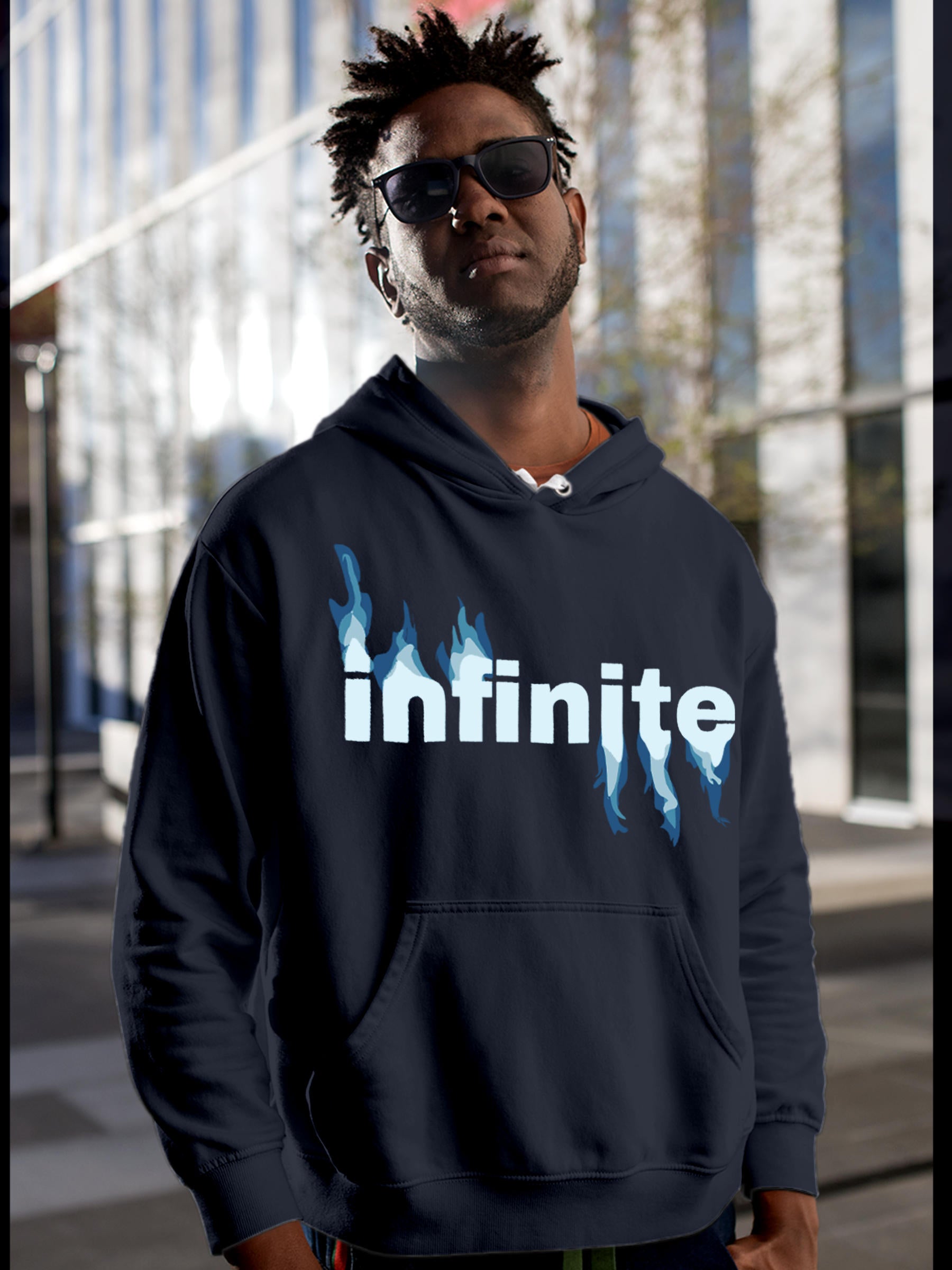 Model wearing Men's Navy Blue Hoodie Sweatshirt with 'Infinite' design, offering effortless style and premium comfort