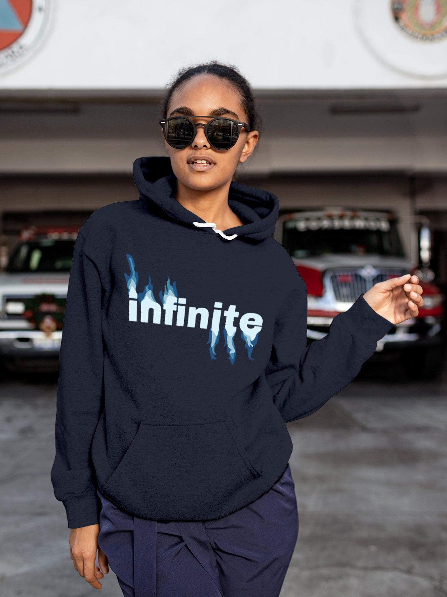 Model wearing Women's Navy Blue Hoodie Sweatshirt with 'Infinite' design, offering effortless style and premium comfort