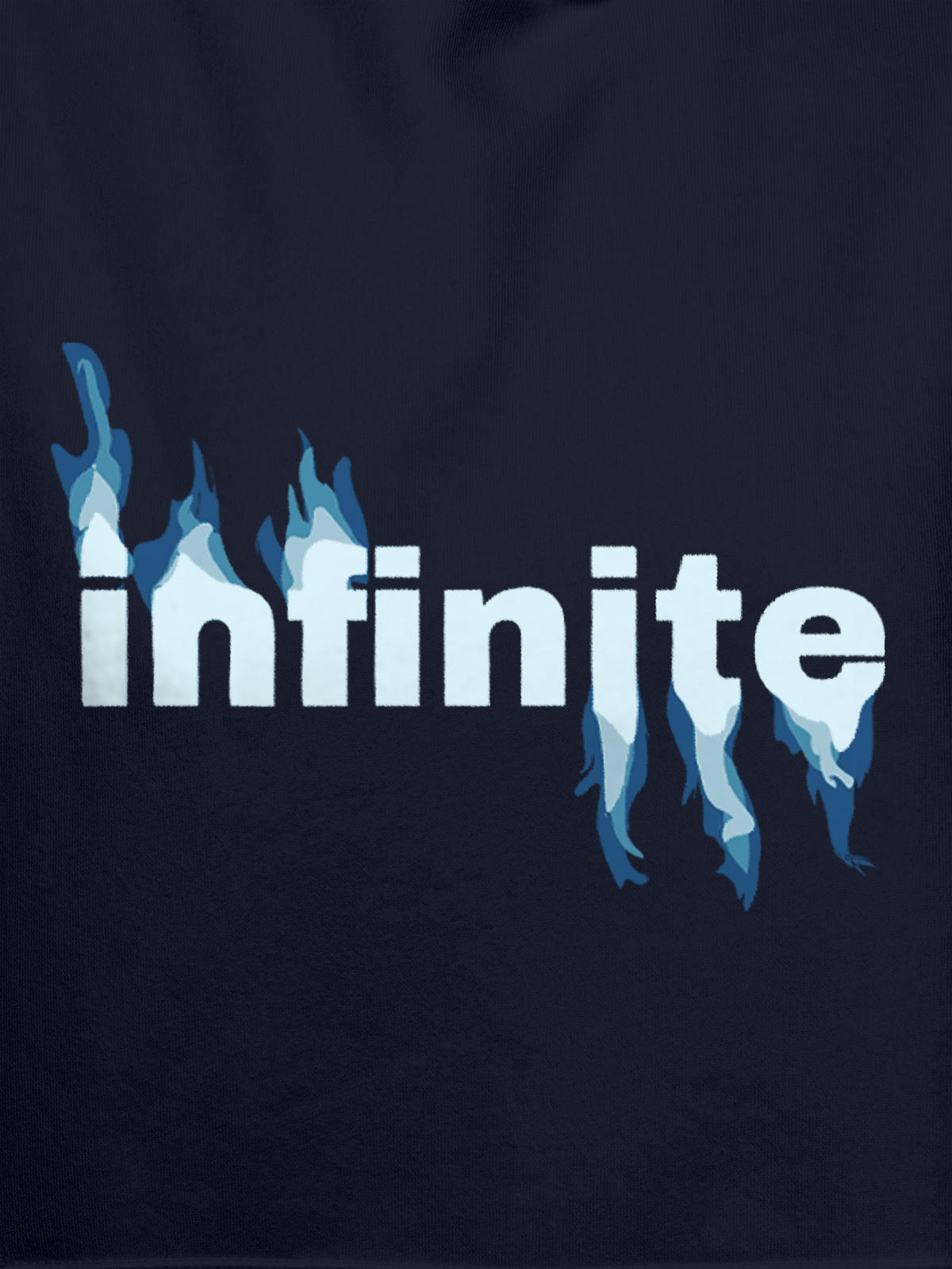 Close up of 'Infinite' design on Women's Navy Blue Hoodie Sweatshirt, highlighting intricate details and vibrant print.