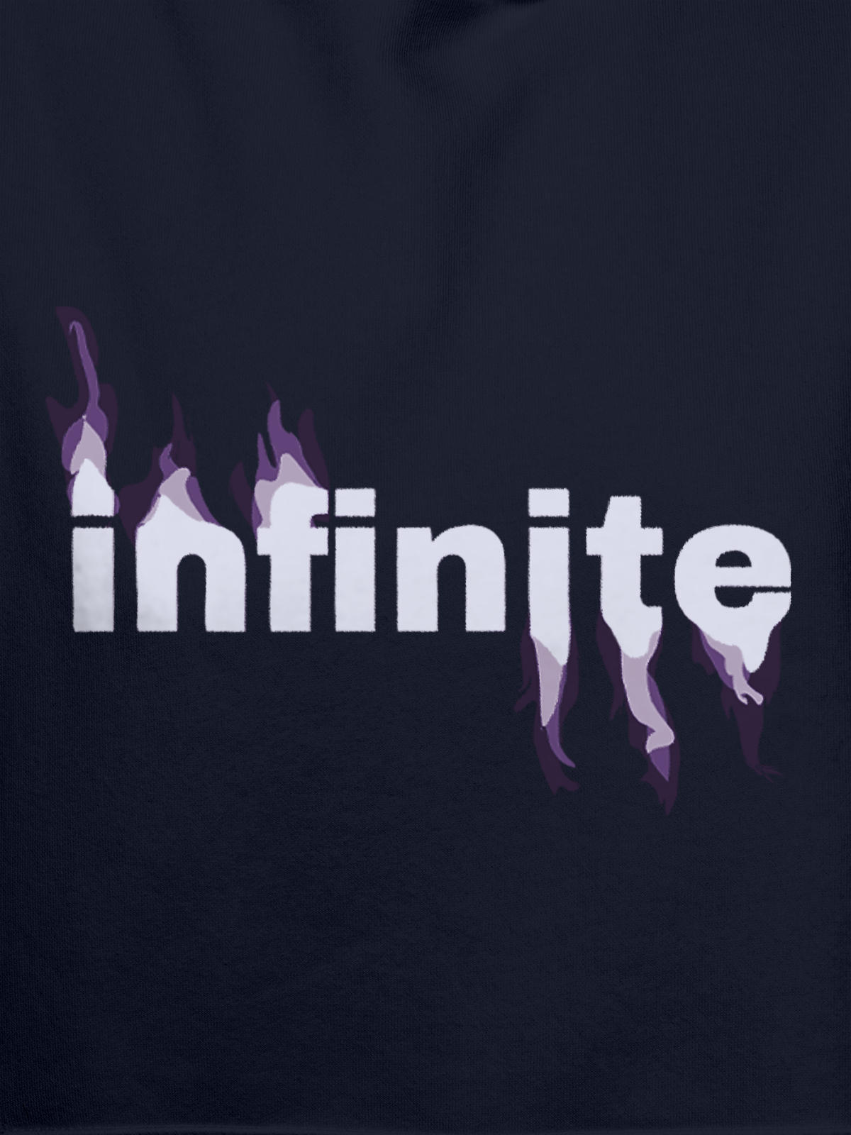 Close up of 'Infinite' design on Women's Navy Blue Hoodie Sweatshirt, highlighting intricate details and vibrant print.