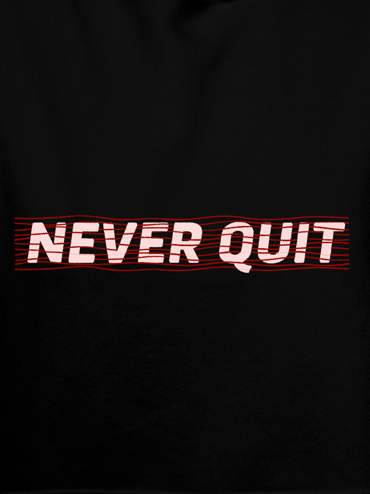 Close up of 'Never Quit' design on Women's Black Hoodie Sweatshirt, highlighting intricate details and vibrant print.
