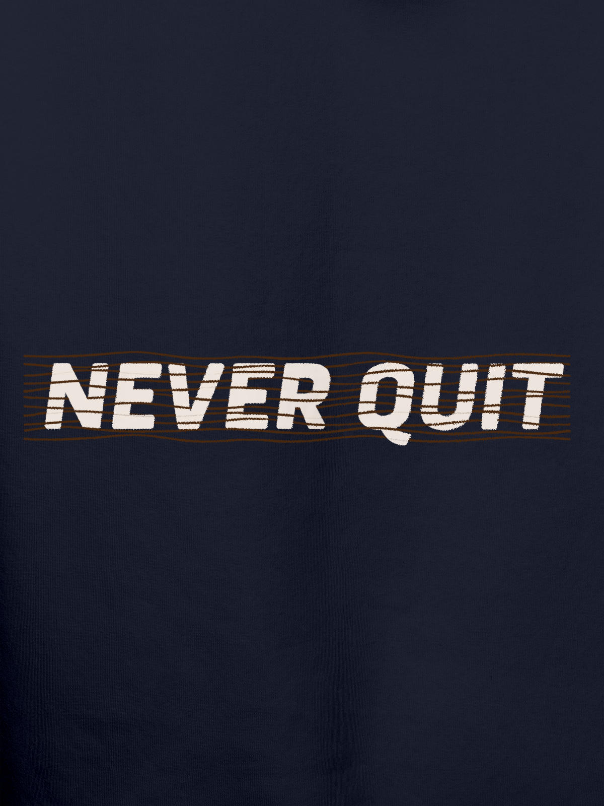 Close up of 'Never Quit' design on Men's Navy Blue Hoodie Sweatshirt, highlighting intricate details and vibrant print.
