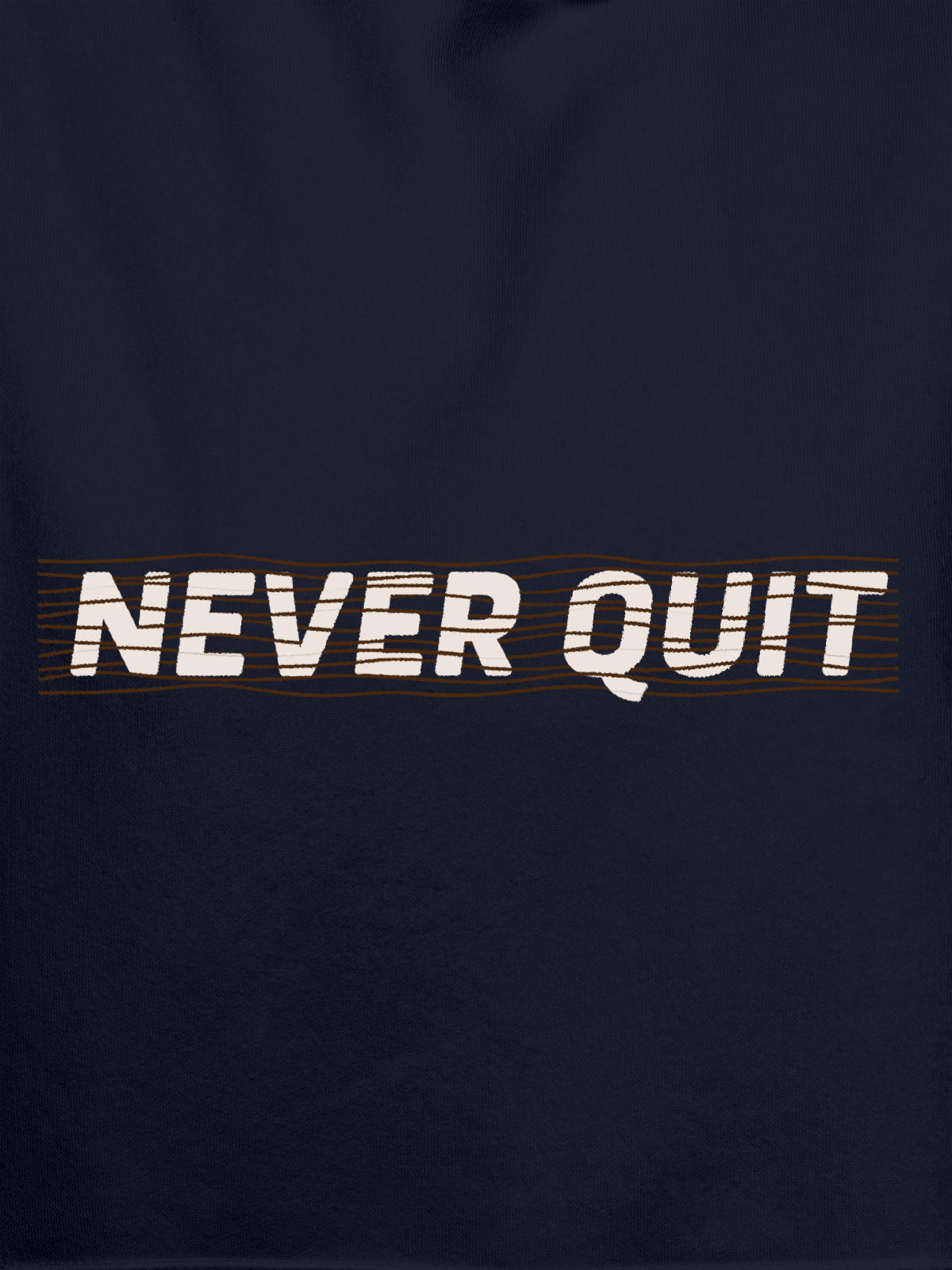 Close up of 'Never Quit' design on Women's Navy Blue Hoodie Sweatshirt, highlighting intricate details and vibrant print.