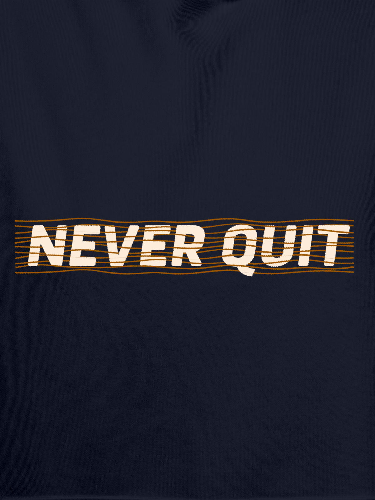 Close up of 'Never Quit' design on Women's Navy Blue Hoodie Sweatshirt, highlighting intricate details and vibrant print.