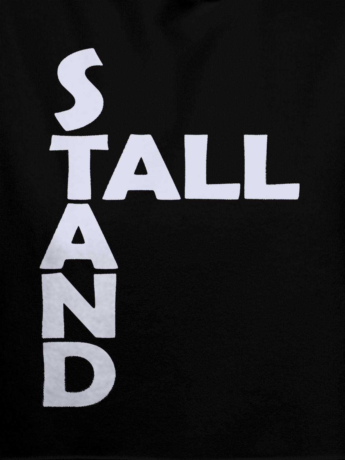 Close up of 'Stand Tall' design on Men's Black Hoodie Sweatshirt, highlighting intricate details and vibrant print.