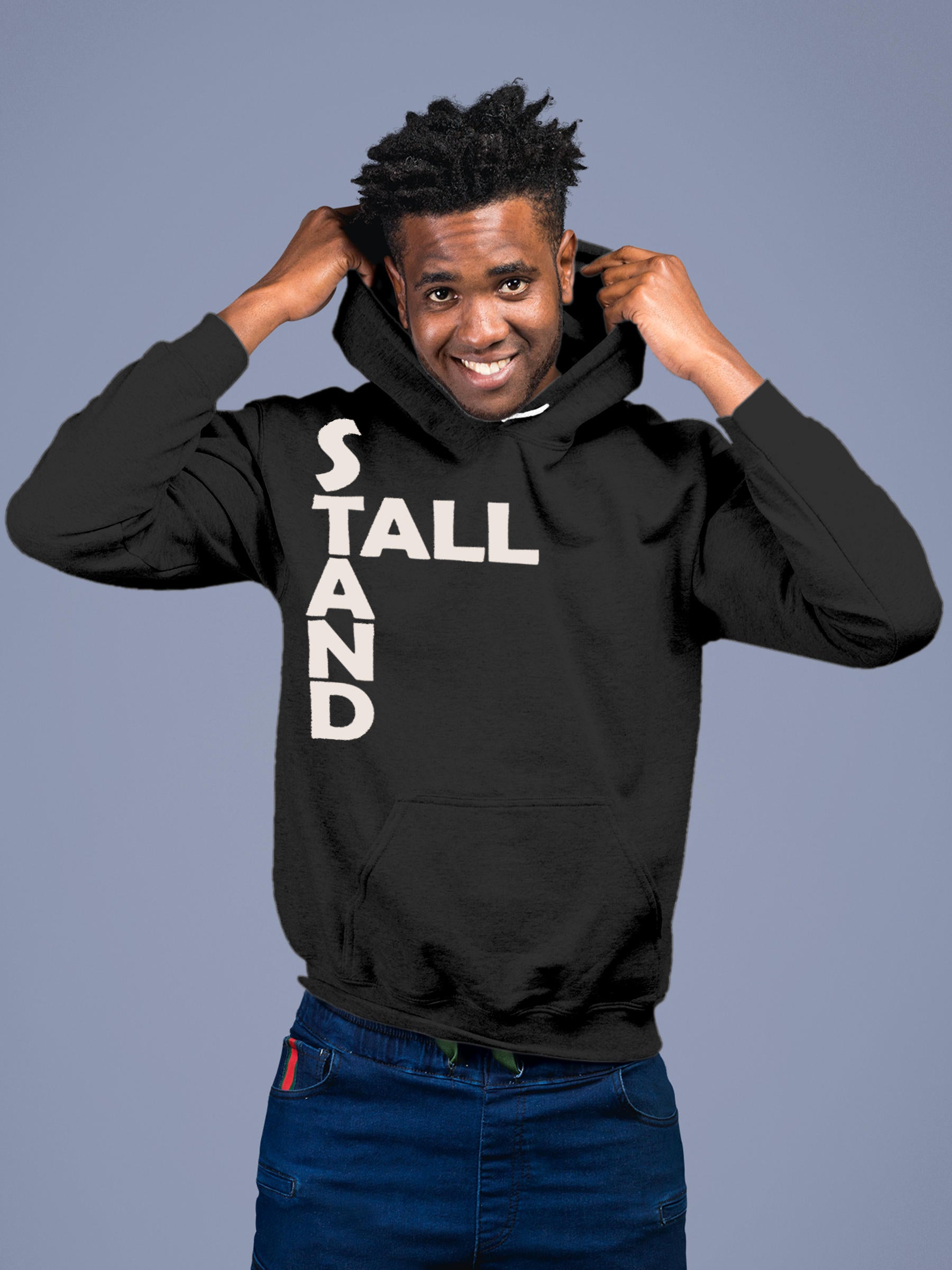 Model wearing Men's Dark Grey Hoodie Sweatshirt with 'Stand Tall' design, offering effortless style and premium comfort