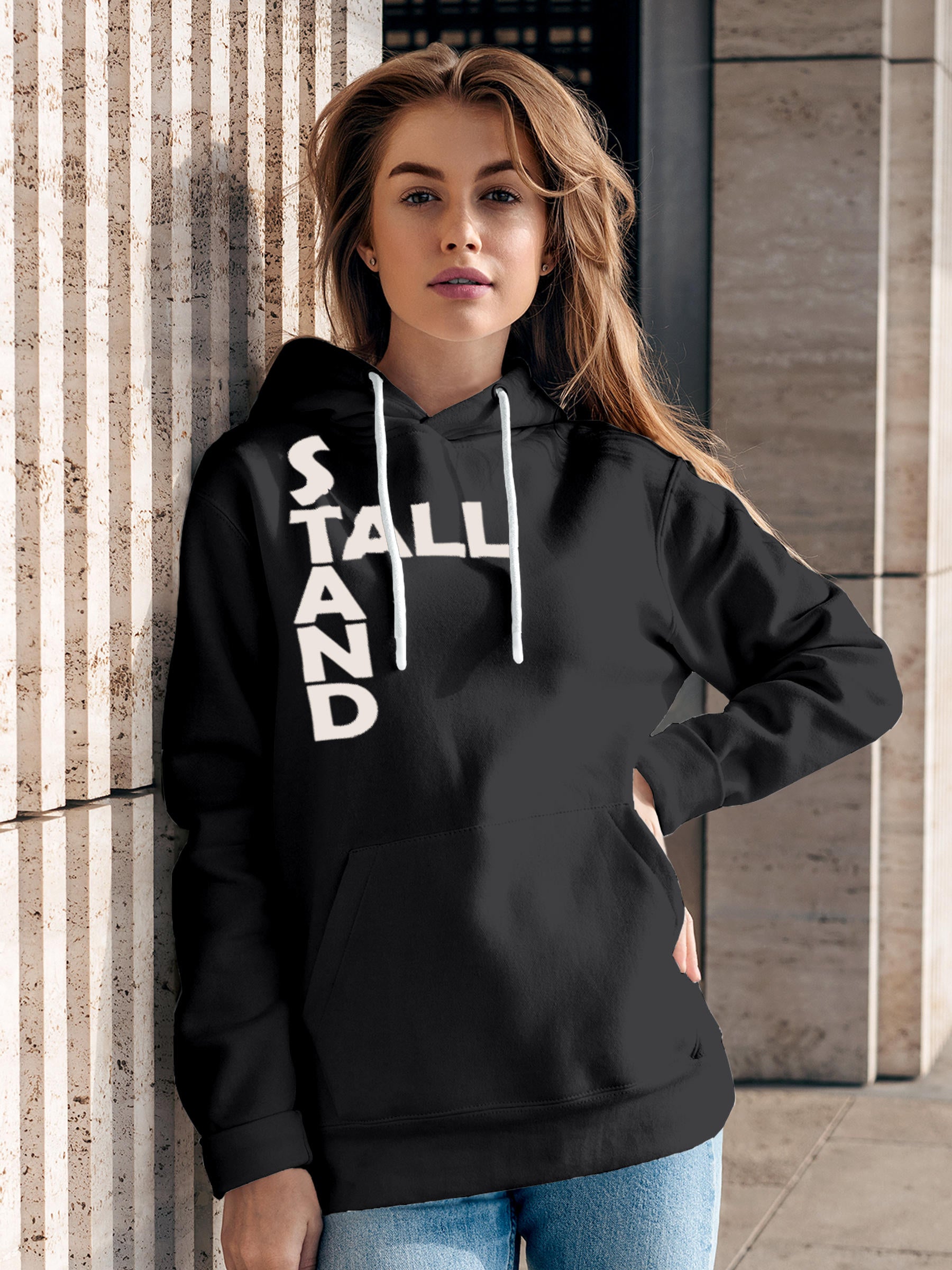 Model wearing Women's Dark Grey Hoodie Sweatshirt with 'Stand Tall' design, offering effortless style and premium comfort