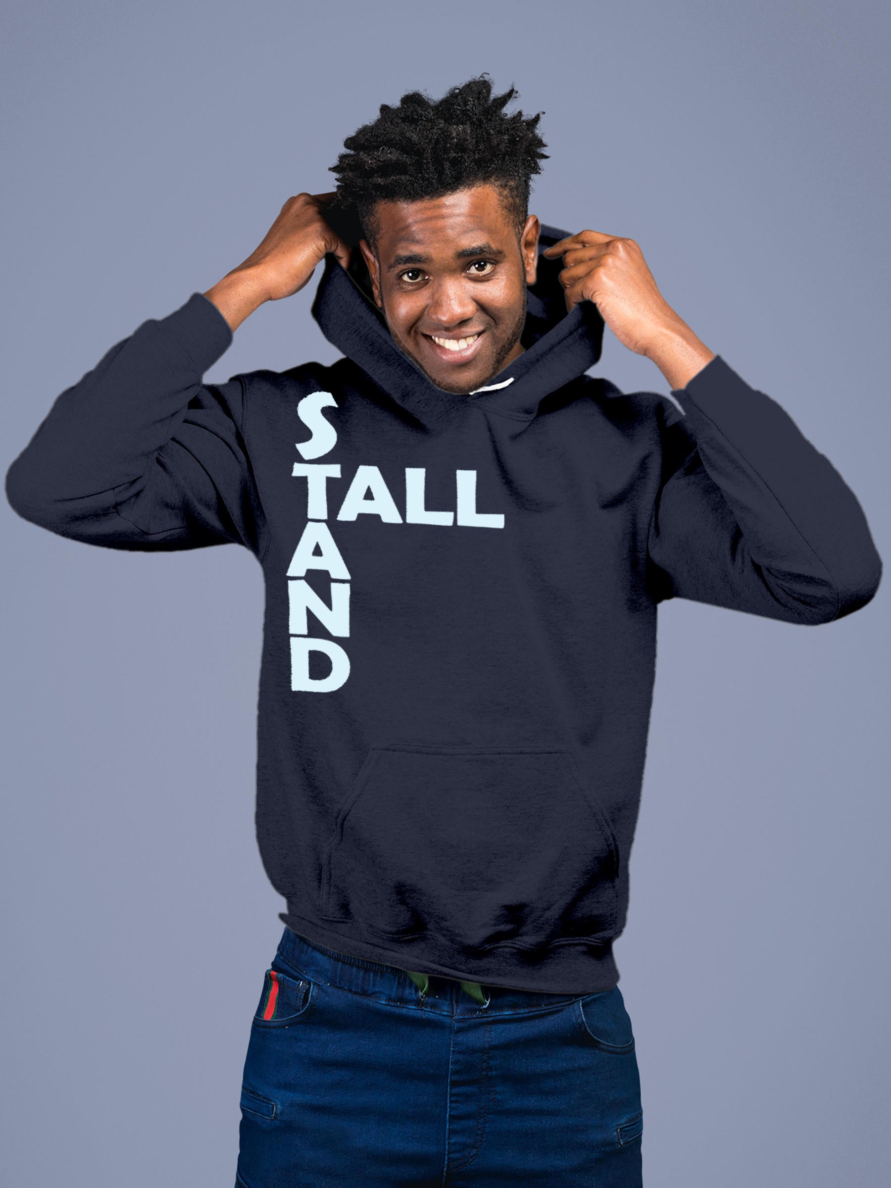 Model wearing Men's Navy Blue Hoodie Sweatshirt with 'Stand Tall' design, offering effortless style and premium comfort