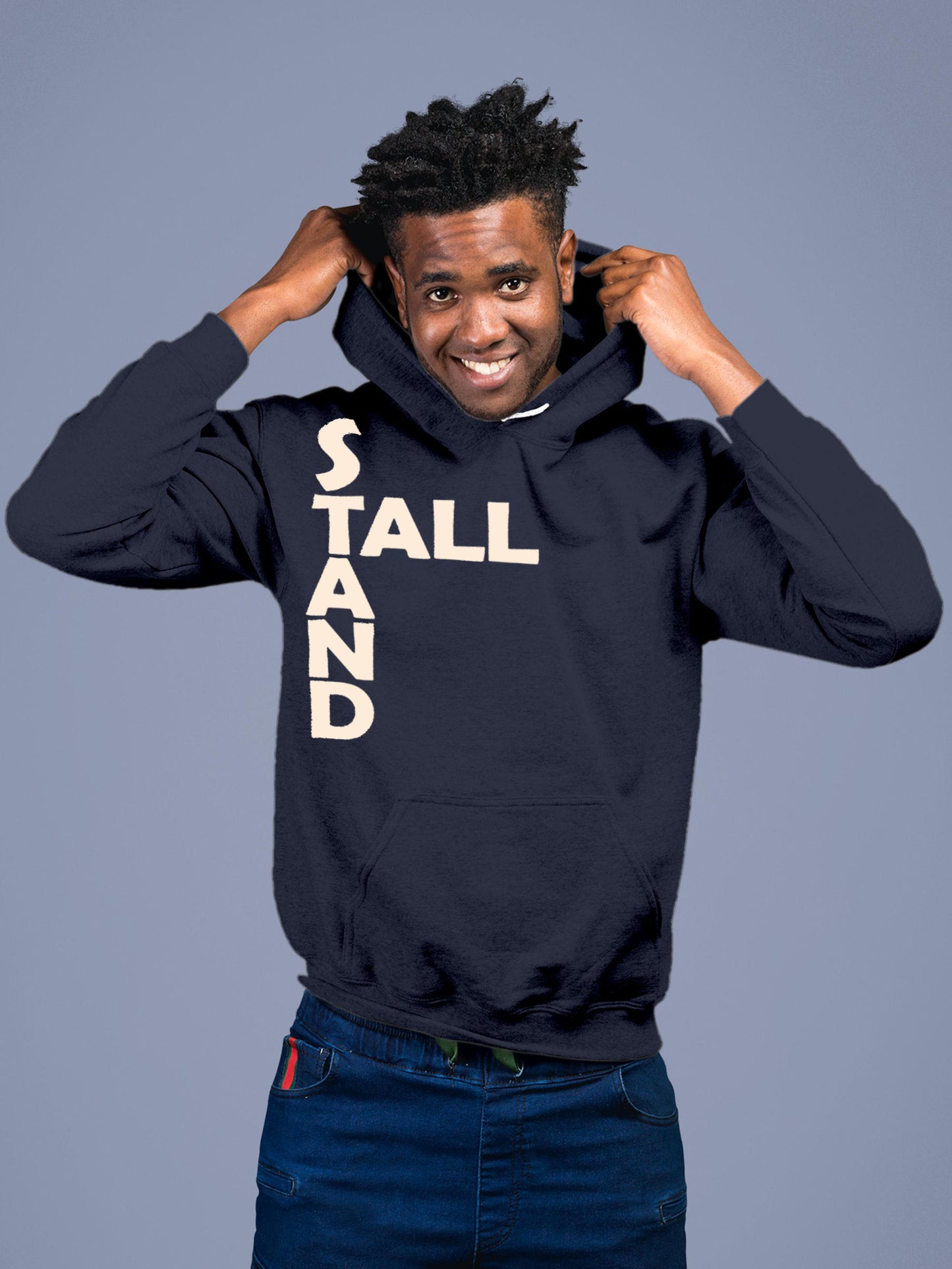 Model wearing Men's Navy Blue Hoodie Sweatshirt with 'Stand Tall' design, offering effortless style and premium comfort