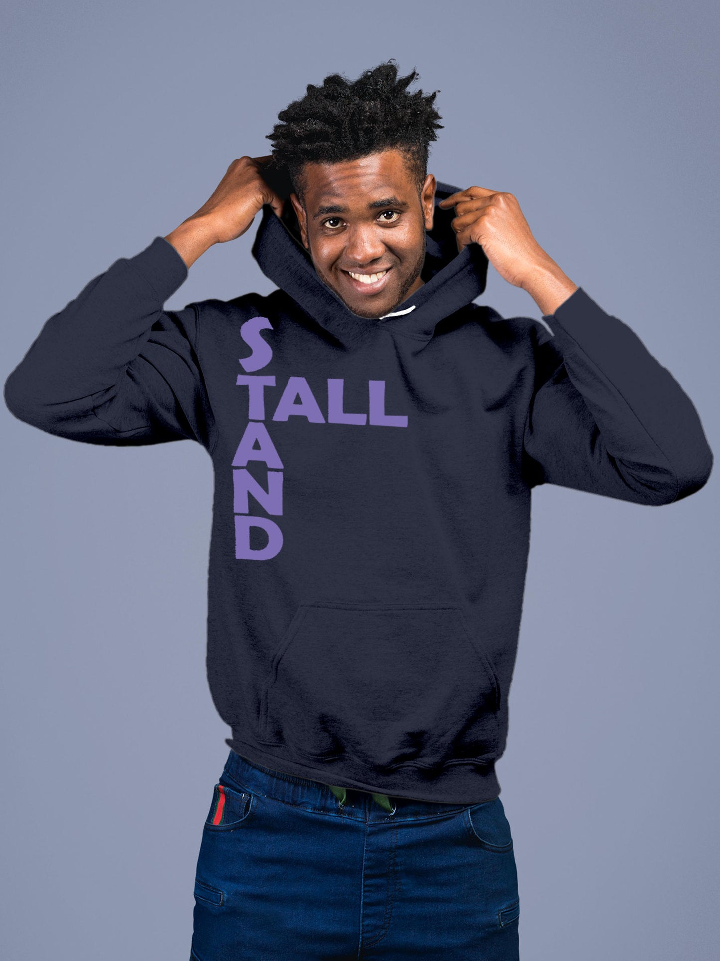 Model wearing Men's Navy Blue Hoodie Sweatshirt with 'Stand Tall' design, offering effortless style and premium comfort