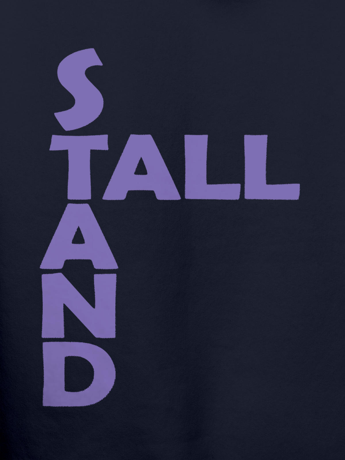 Close up of 'Stand Tall' design on Women's Navy Blue Hoodie Sweatshirt, highlighting intricate details and vibrant print.