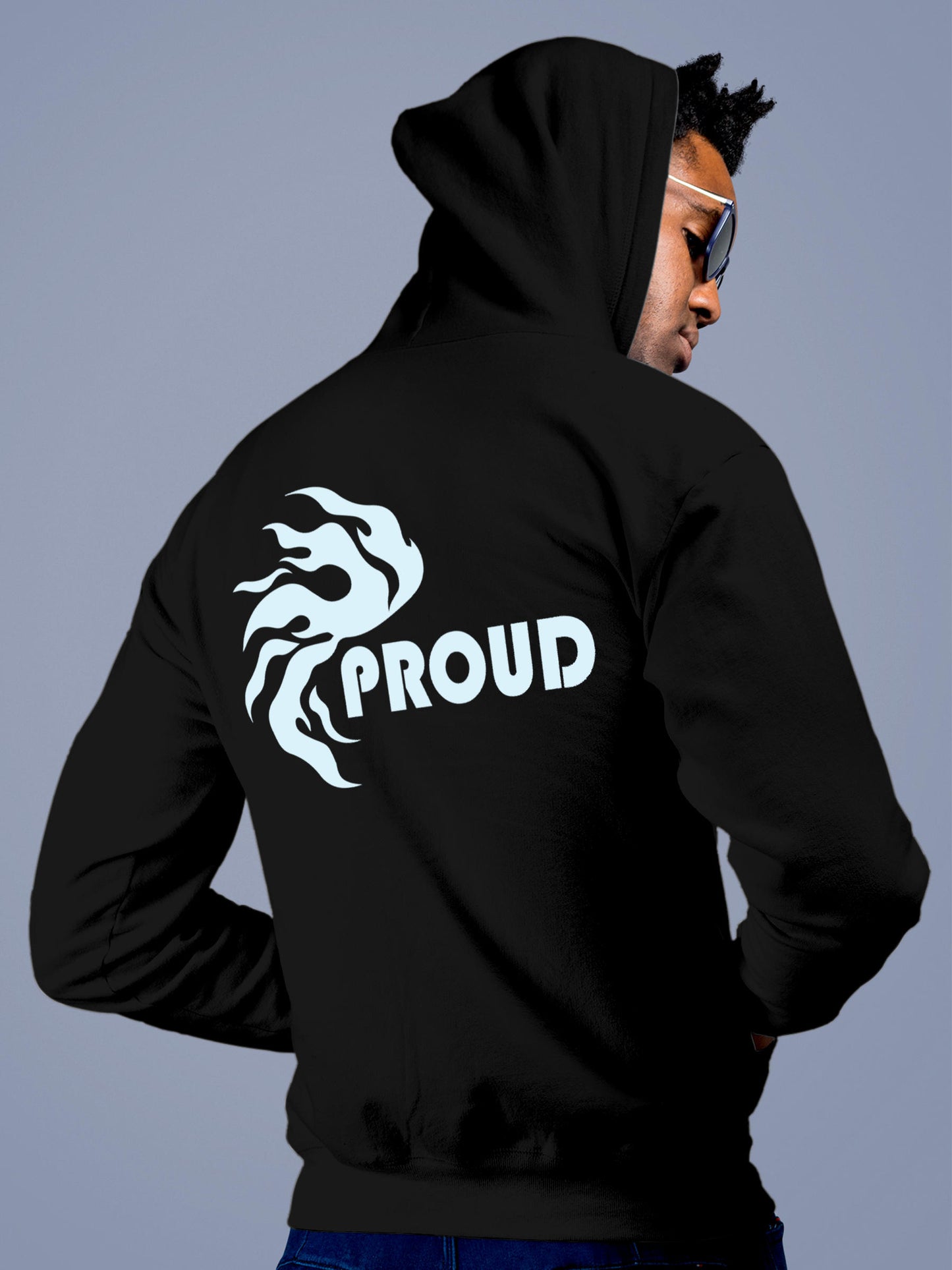 Model wearing Men's Black Hoodie Sweatshirt with 'Proud' design, offering effortless style and premium comfort