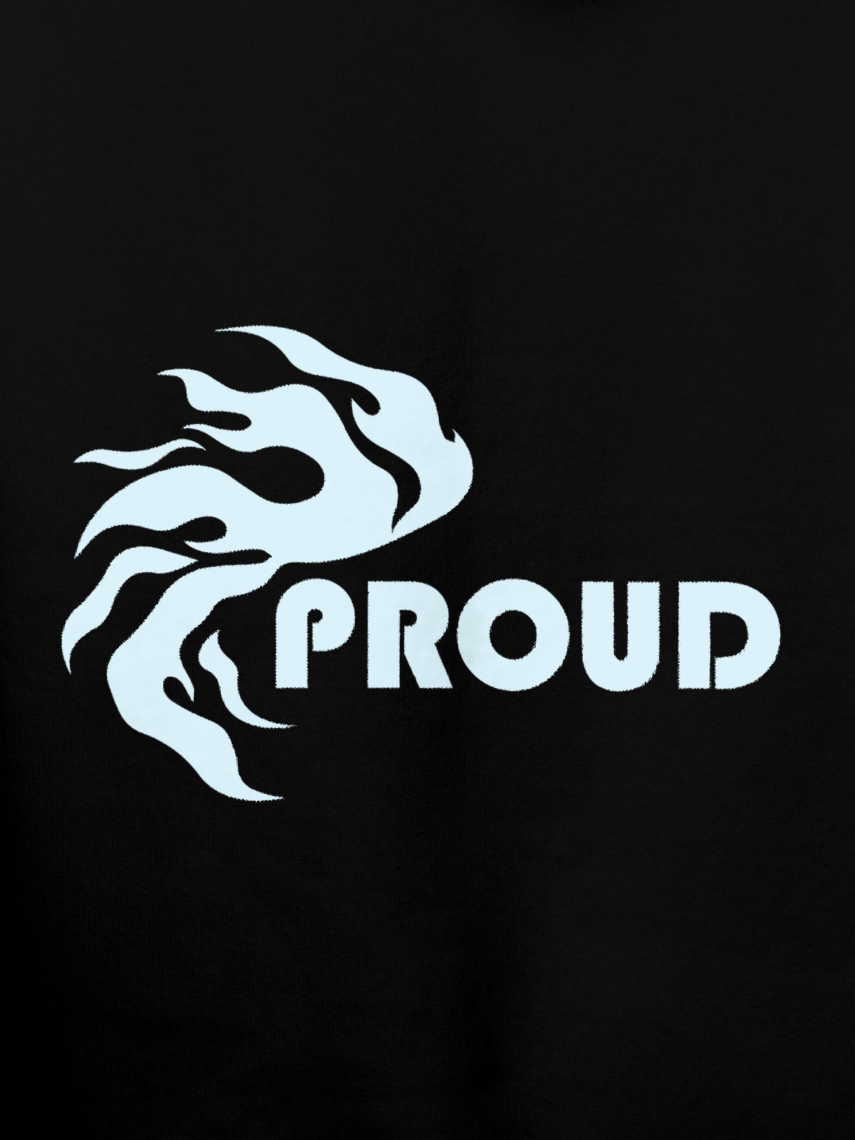 Close up of 'Proud' design on Men's Black Hoodie Sweatshirt, highlighting intricate details and vibrant print.