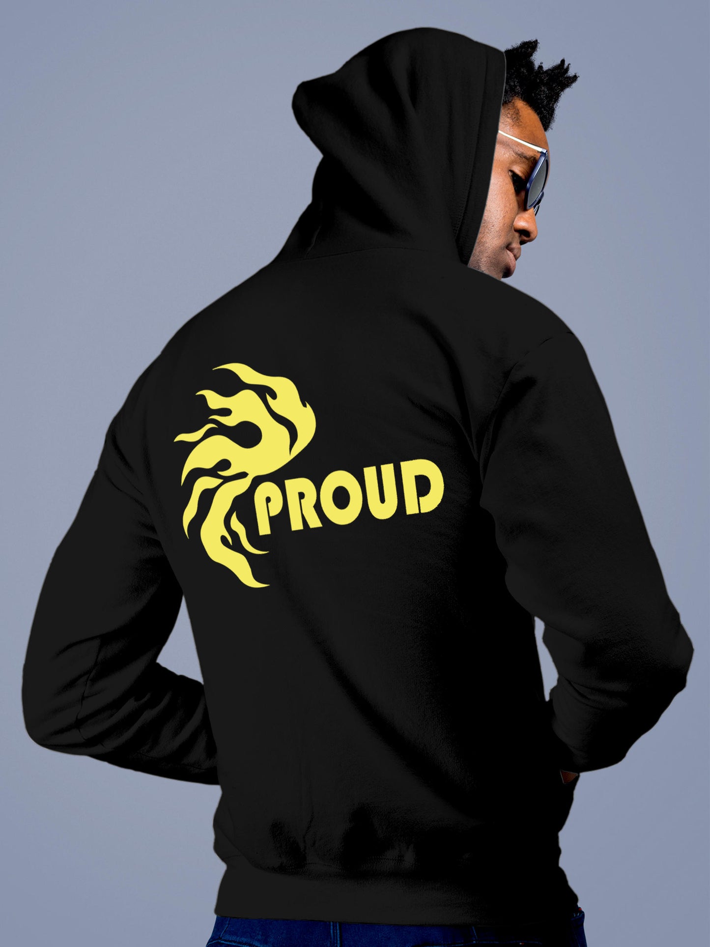 Model wearing Men's Black Hoodie Sweatshirt with 'Proud' design, offering effortless style and premium comfort