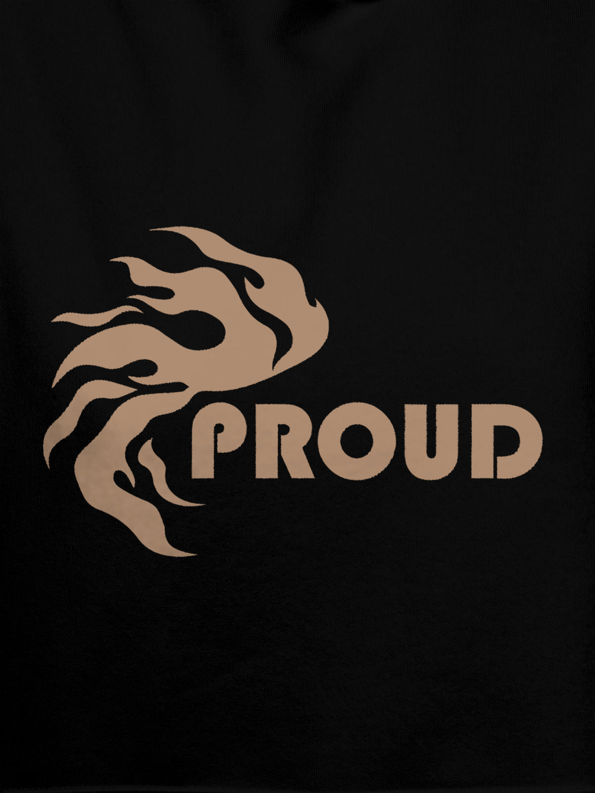 Close up of 'Proud' design on Women's Black Hoodie Sweatshirt, highlighting intricate details and vibrant print.