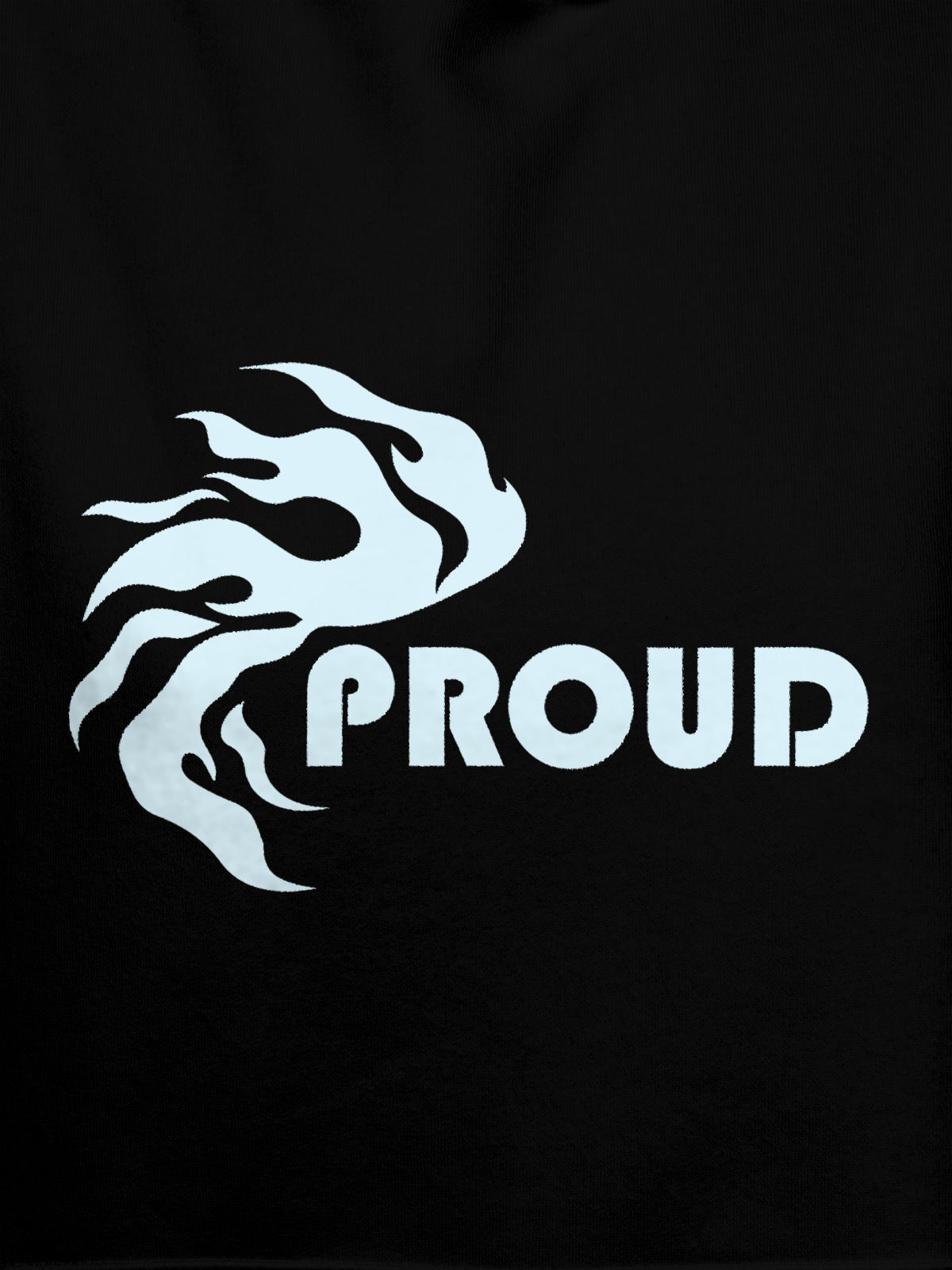 Close up of 'Proud' design on Women's Black Hoodie Sweatshirt, highlighting intricate details and vibrant print.
