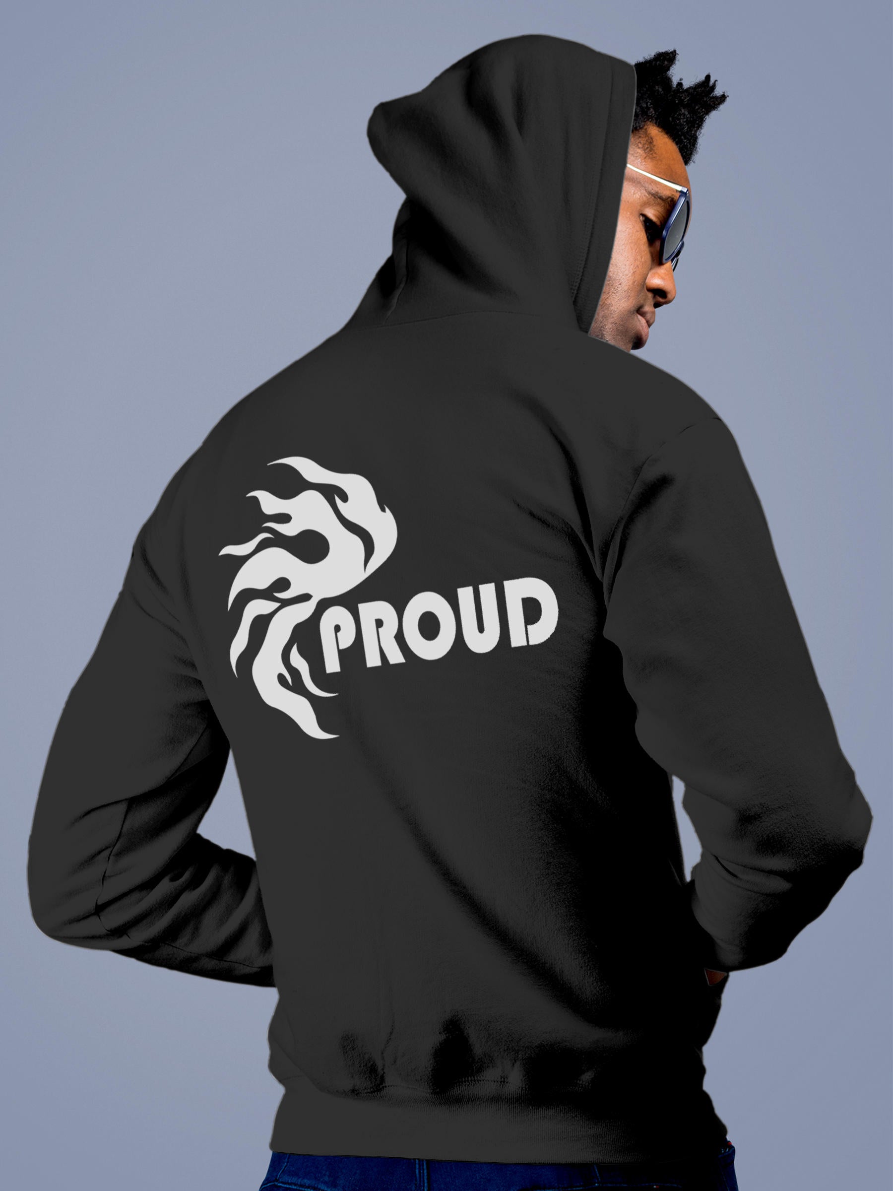 Model wearing Men's Dark Grey Hoodie Sweatshirt with 'Proud' design, offering effortless style and premium comfort