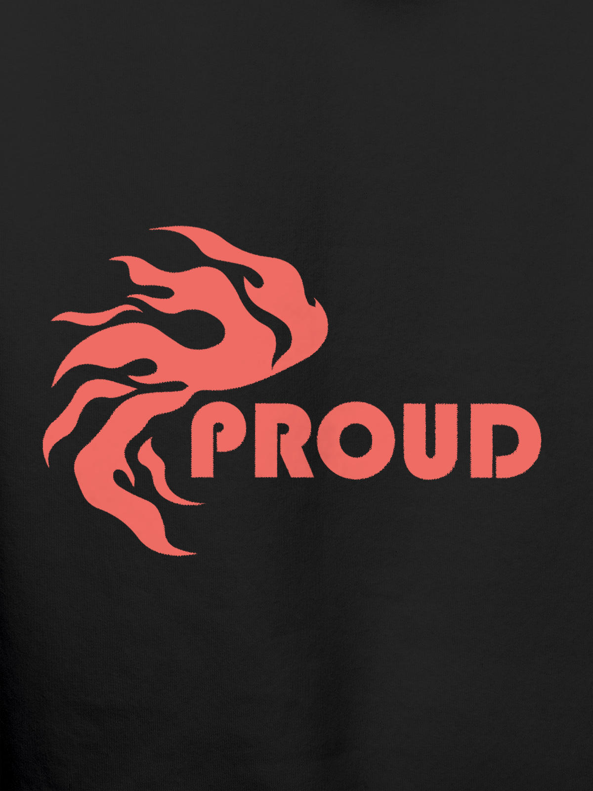 Close up of 'Proud' design on Men's Dark Grey Hoodie Sweatshirt, highlighting intricate details and vibrant print.