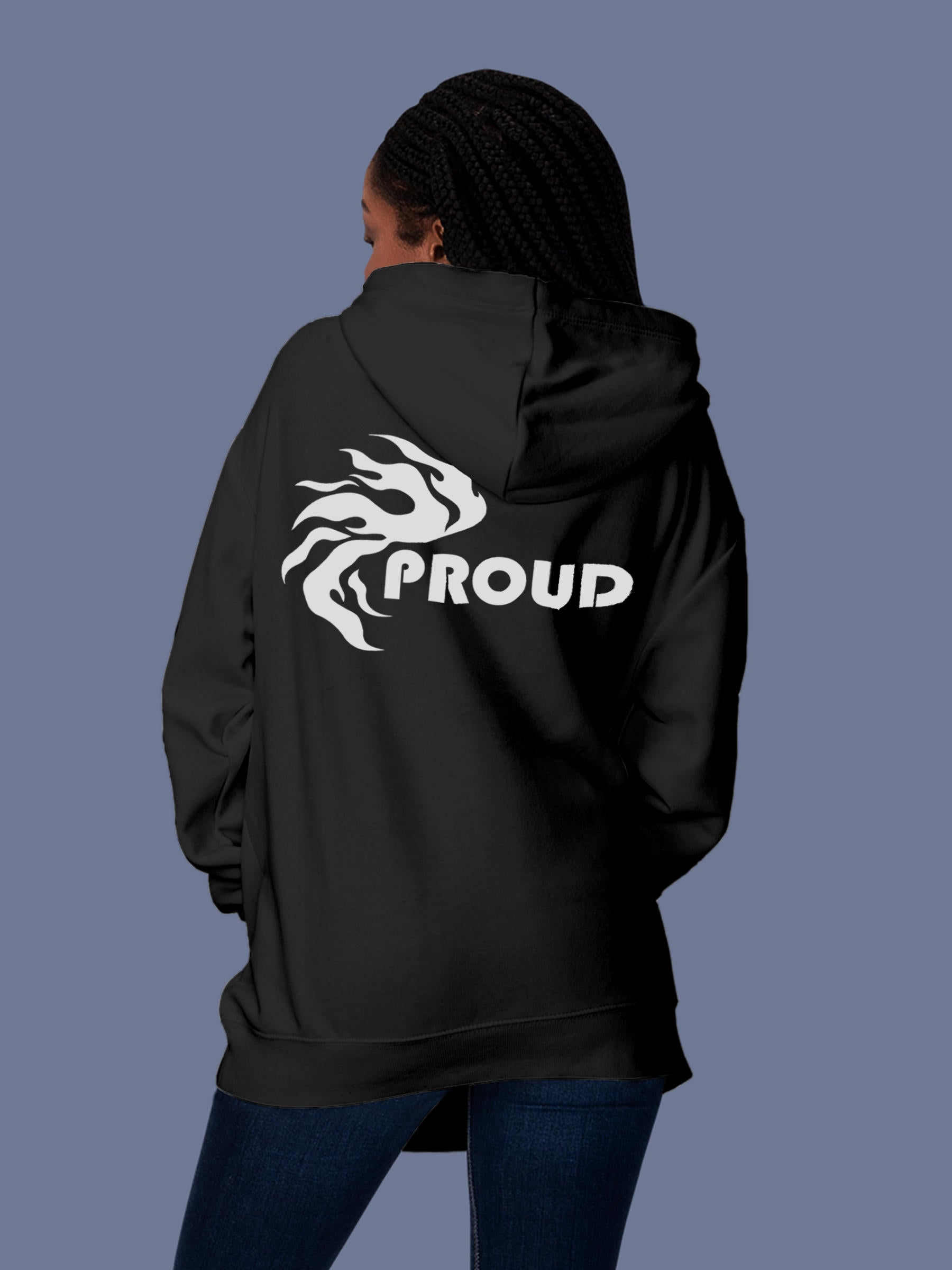 Model wearing Women's Dark Grey Hoodie Sweatshirt with 'Proud' design, offering effortless style and premium comfort