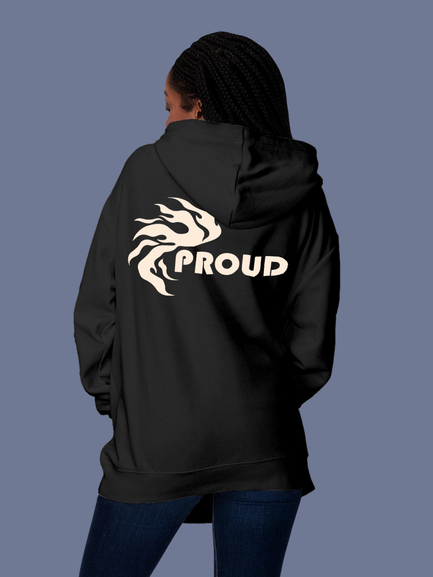 Model wearing Women's Dark Grey Hoodie Sweatshirt with 'Proud' design, offering effortless style and premium comfort