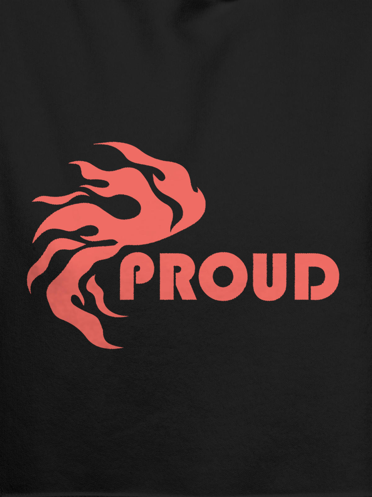 Close up of 'Proud' design on Women's Dark Grey Hoodie Sweatshirt, highlighting intricate details and vibrant print.