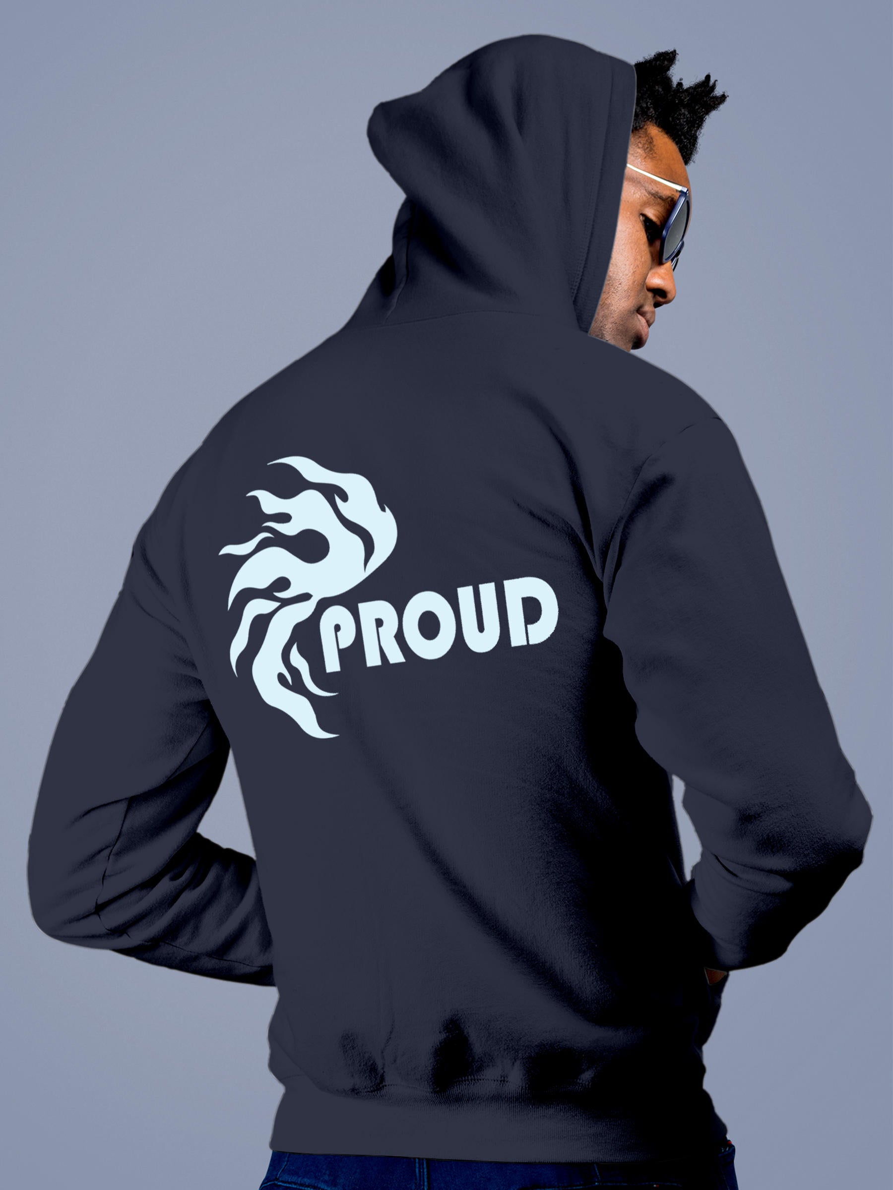 Model wearing Men's Navy Blue Hoodie Sweatshirt with 'Proud' design, offering effortless style and premium comfort