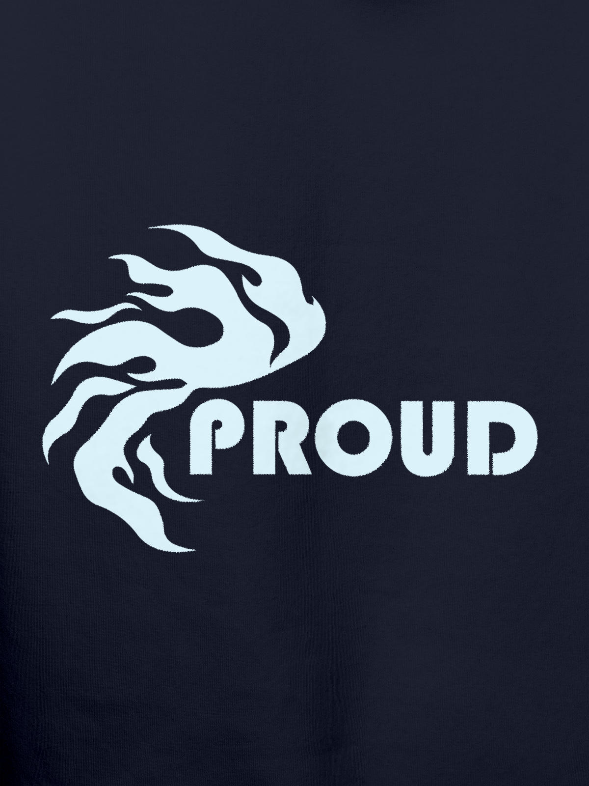 Close up of 'Proud' design on Men's Navy Blue Hoodie Sweatshirt, highlighting intricate details and vibrant print.