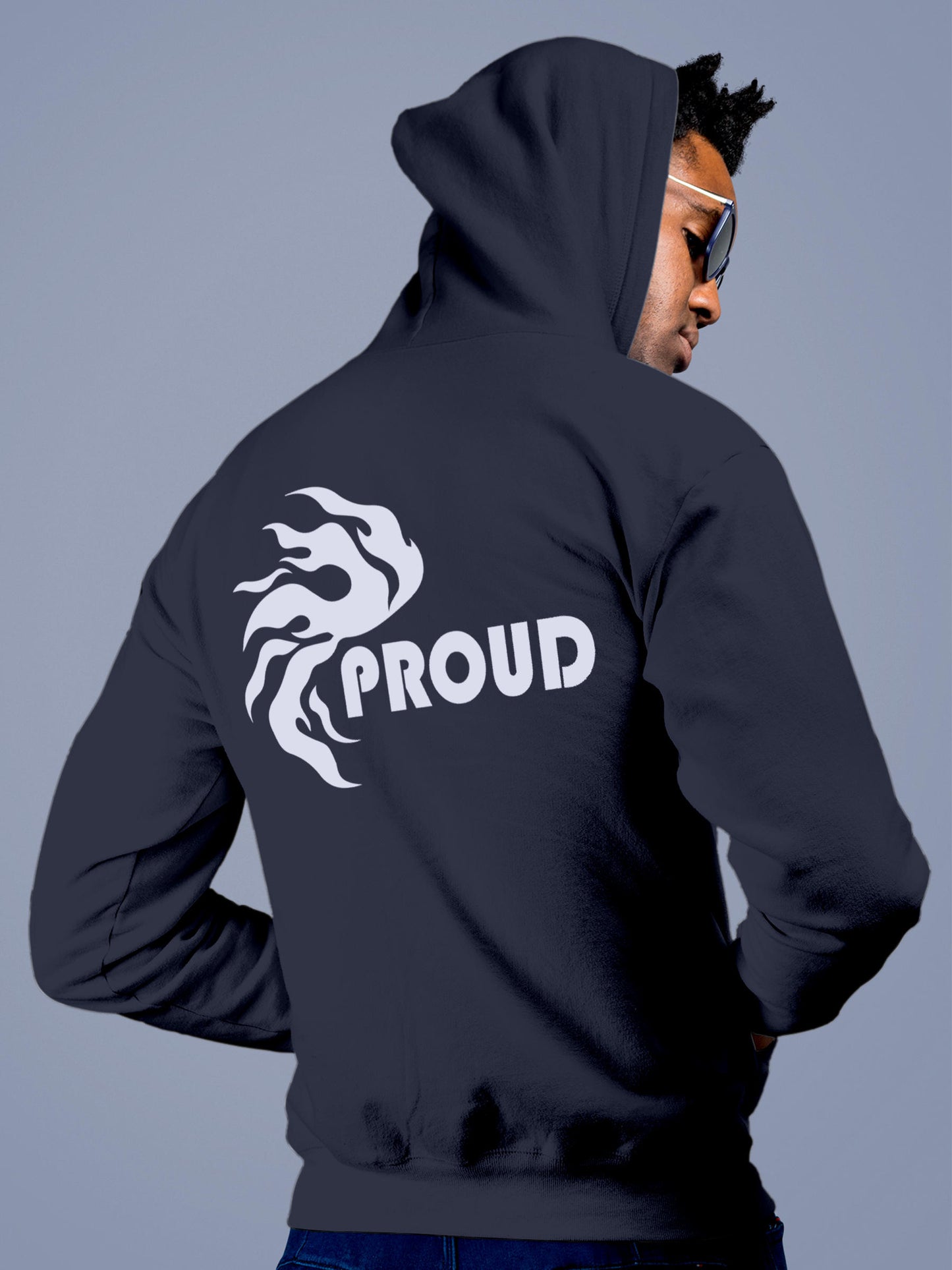 Model wearing Men's Navy Blue Hoodie Sweatshirt with 'Proud' design, offering effortless style and premium comfort