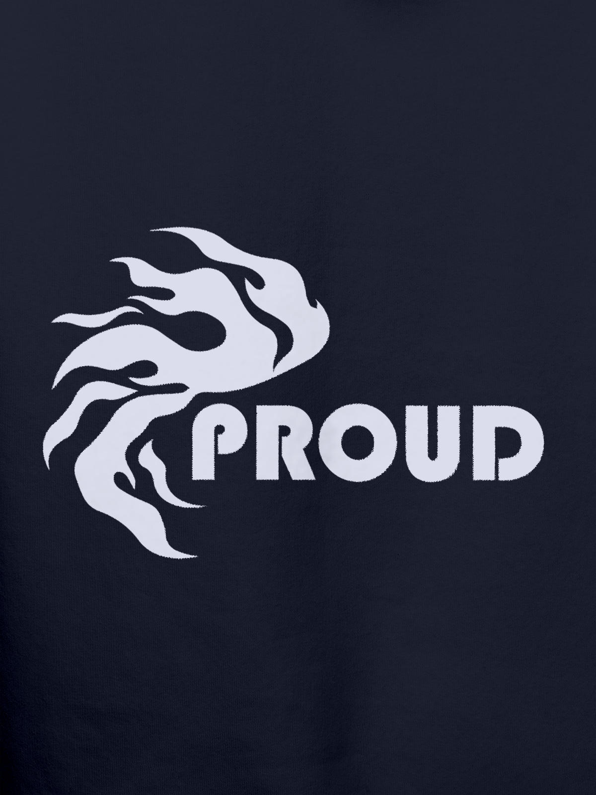 Close up of 'Proud' design on Men's Navy Blue Hoodie Sweatshirt, highlighting intricate details and vibrant print.