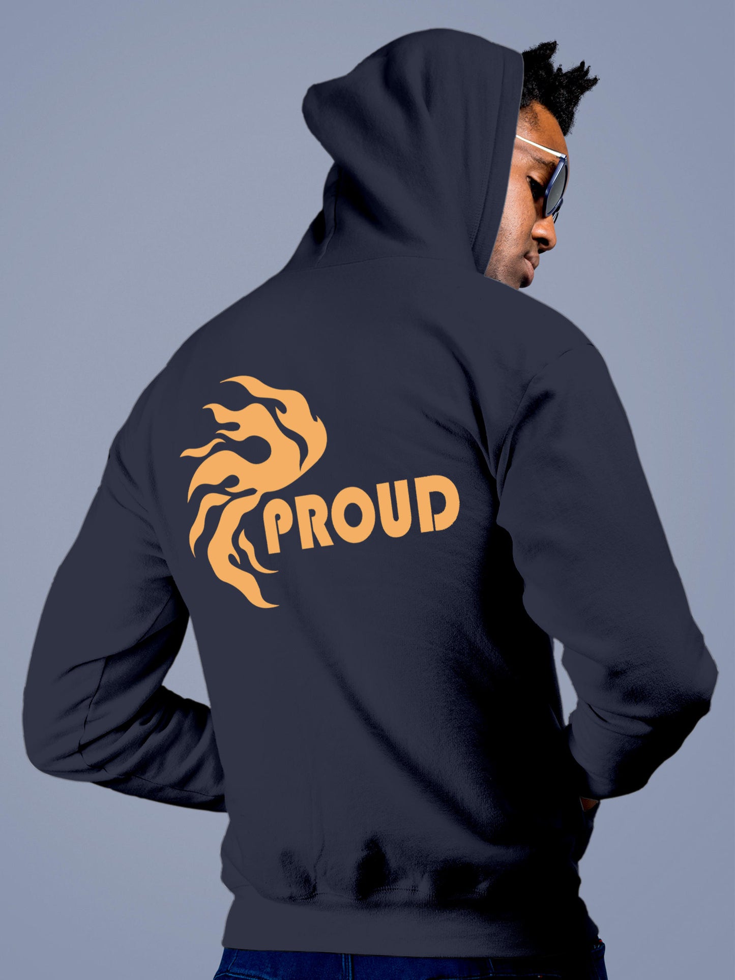 Model wearing Men's Navy Blue Hoodie Sweatshirt with 'Proud' design, offering effortless style and premium comfort