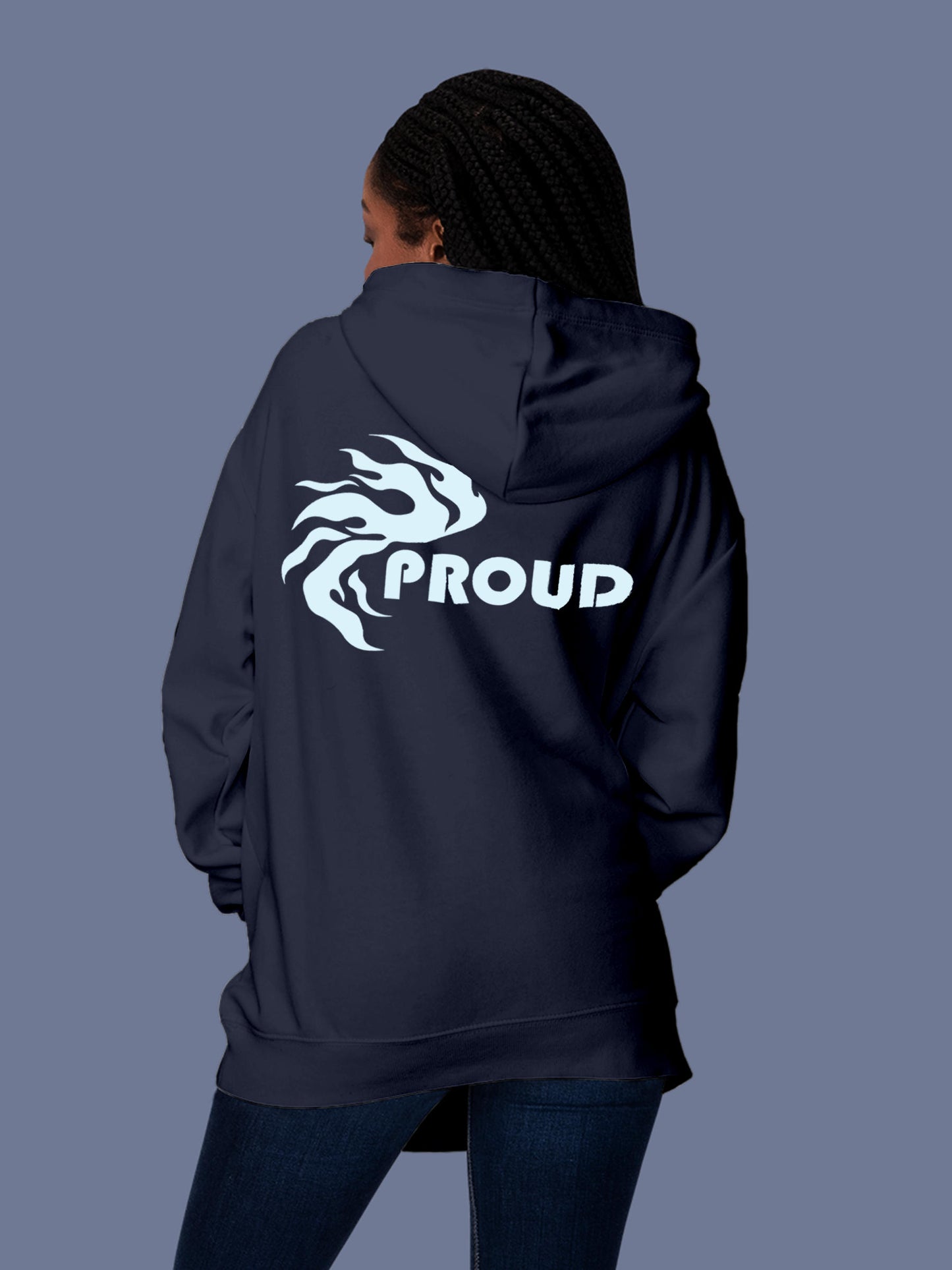 Model wearing Women's Navy Blue Hoodie Sweatshirt with 'Proud' design, offering effortless style and premium comfort