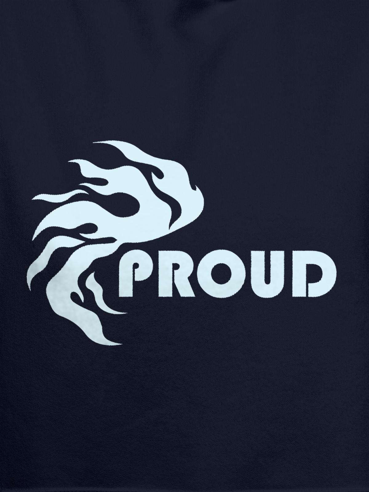 Close up of 'Proud' design on Women's Navy Blue Hoodie Sweatshirt, highlighting intricate details and vibrant print.
