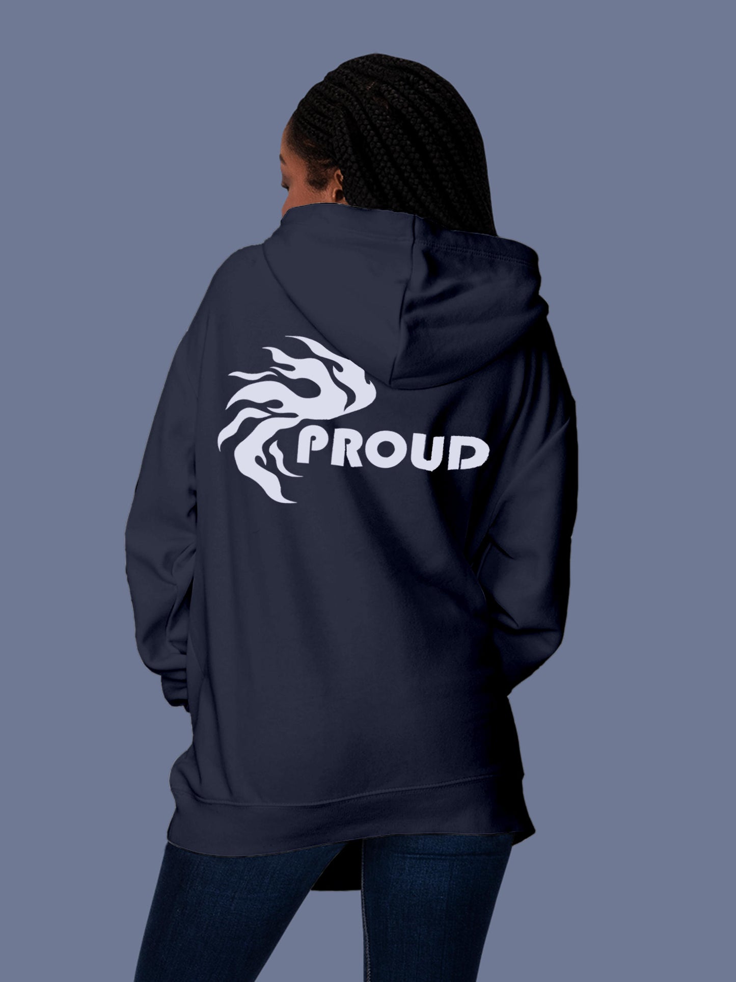 Model wearing Women's Navy Blue Hoodie Sweatshirt with 'Proud' design, offering effortless style and premium comfort