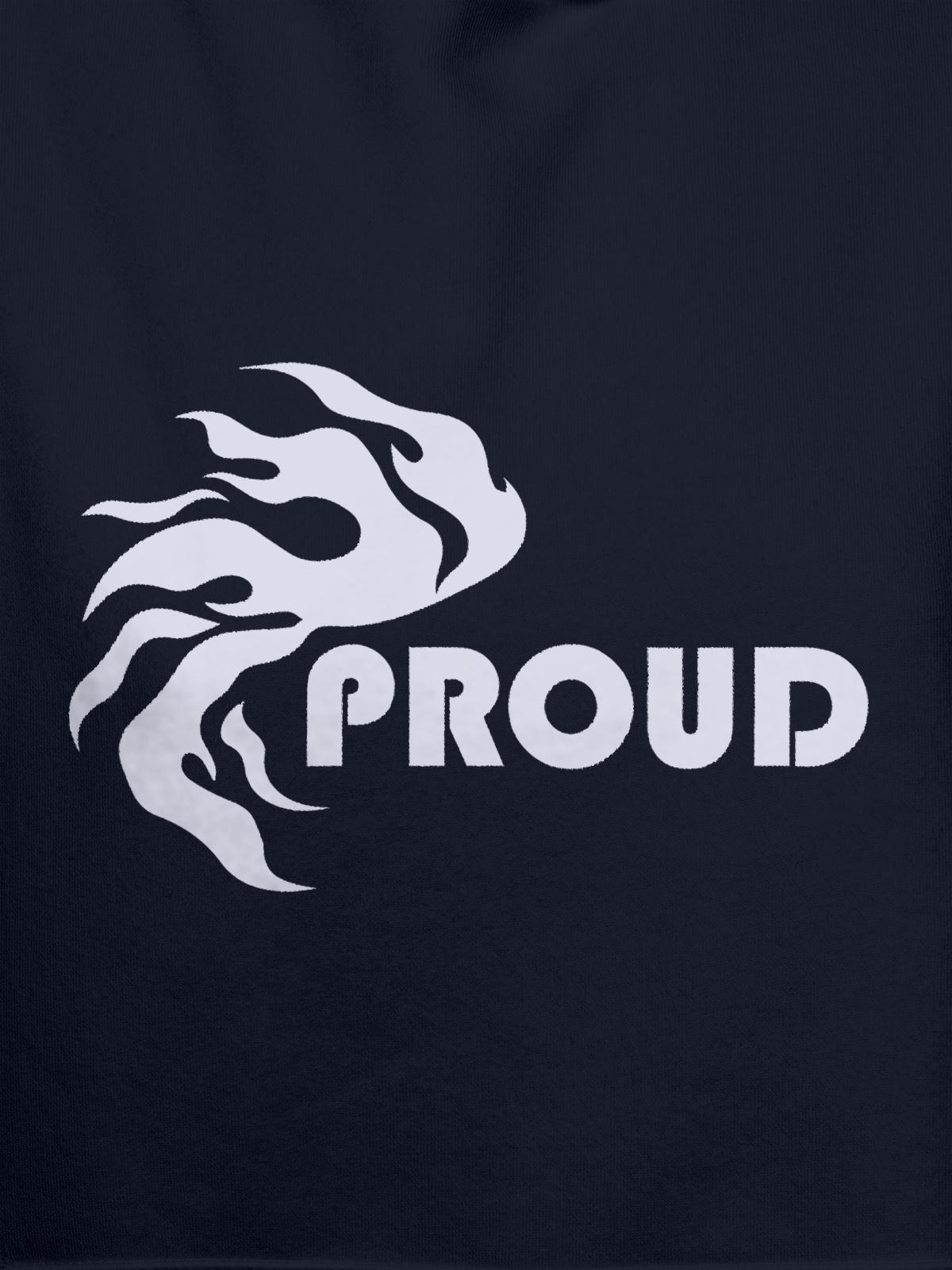 Close up of 'Proud' design on Women's Navy Blue Hoodie Sweatshirt, highlighting intricate details and vibrant print.