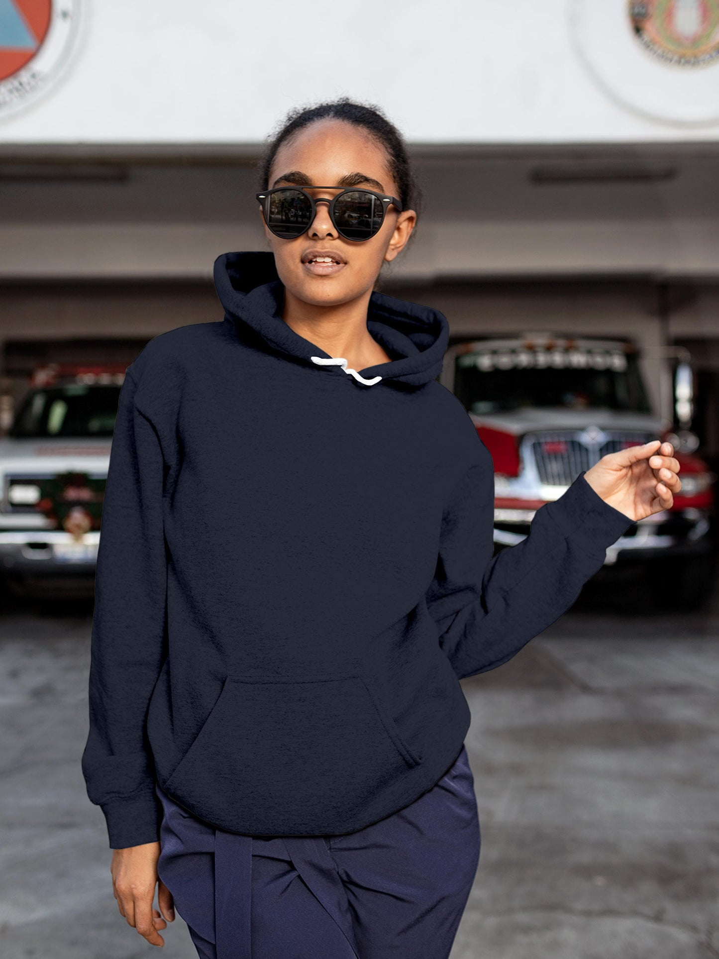 Front view of Fighterhero Women's Navy Blue Hoodie Sweatshirt, highlighting the modern look and clean finish