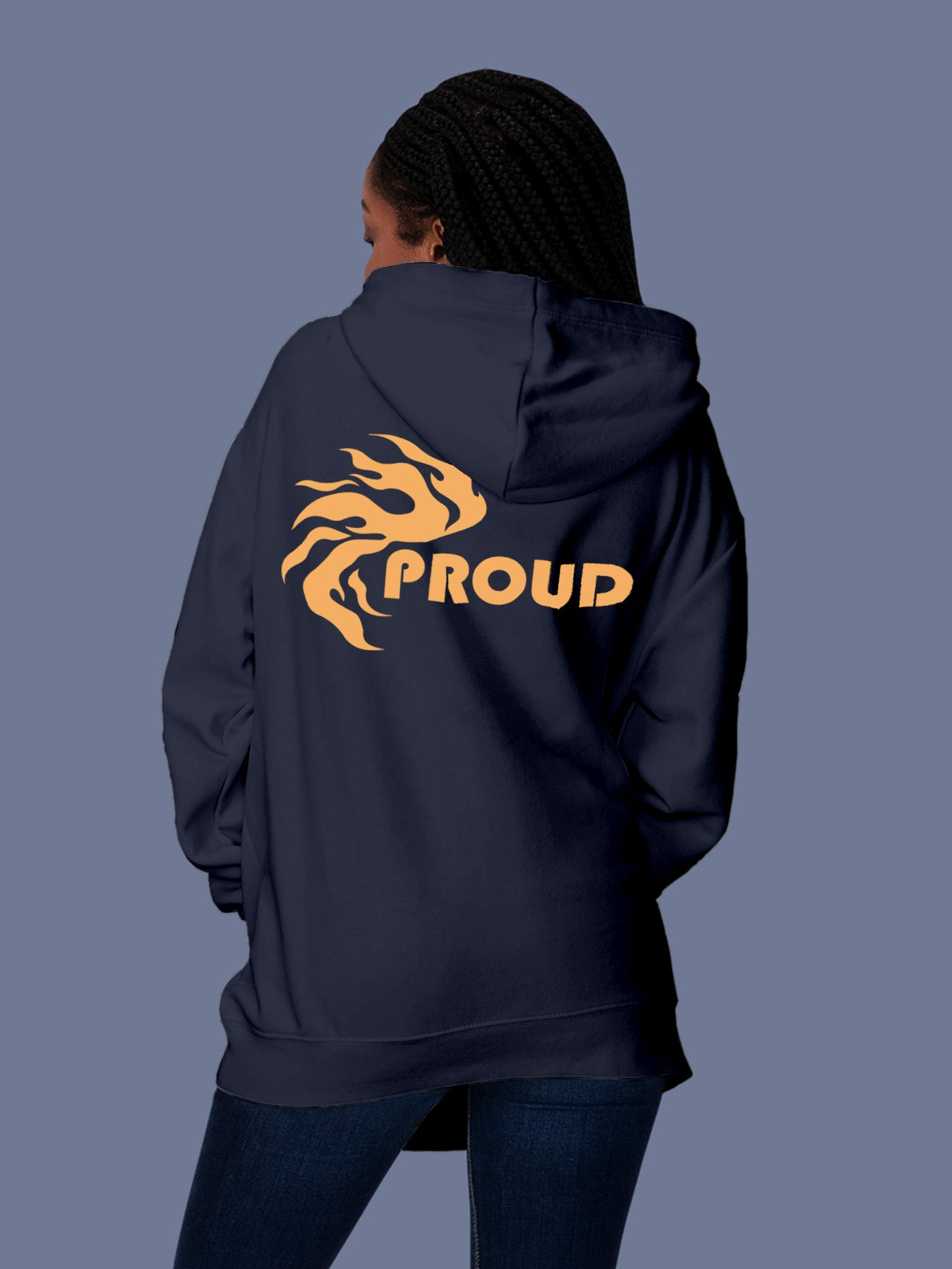 Model wearing Women's Navy Blue Hoodie Sweatshirt with 'Proud' design, offering effortless style and premium comfort