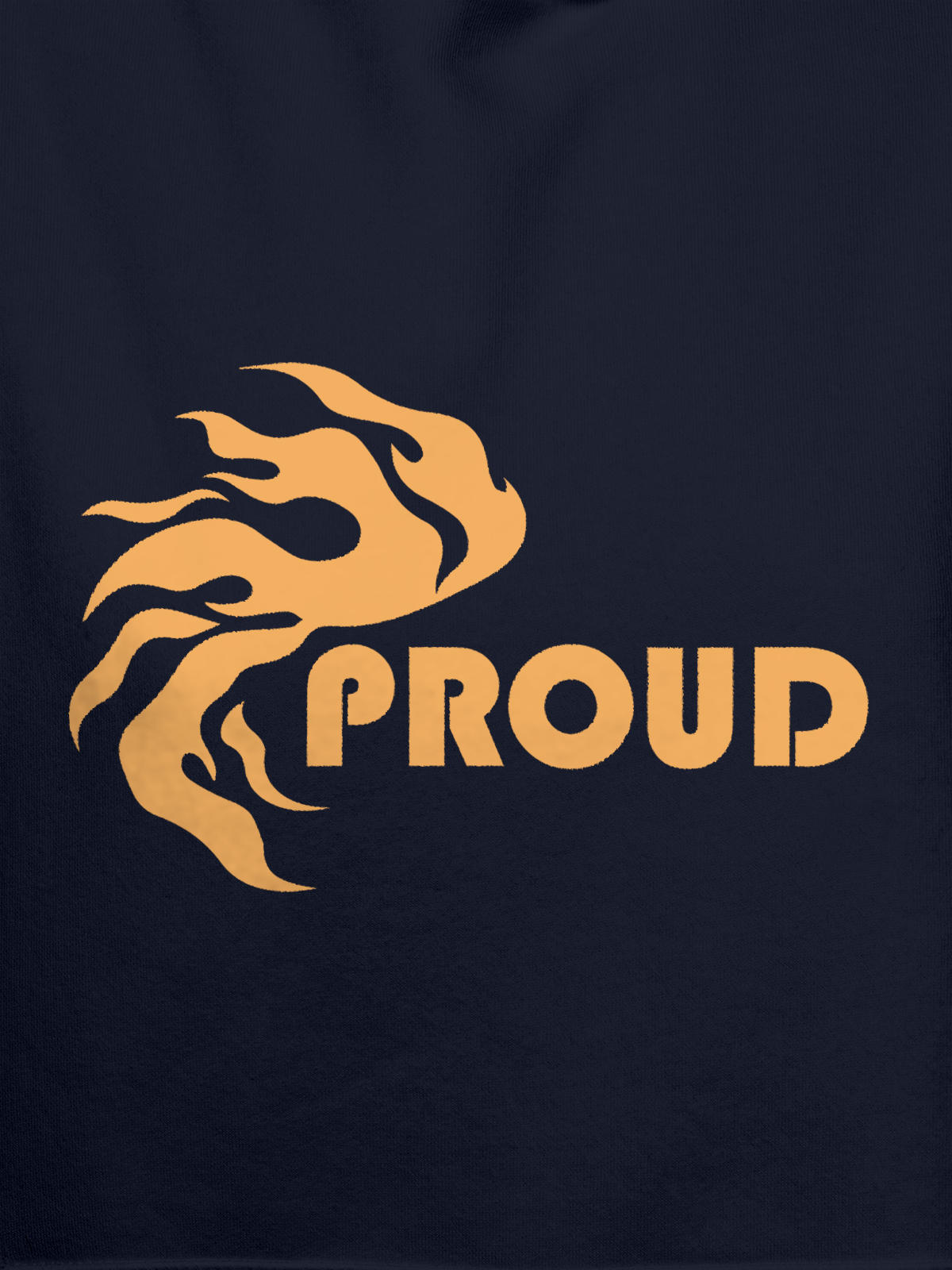 Close up of 'Proud' design on Women's Navy Blue Hoodie Sweatshirt, highlighting intricate details and vibrant print.