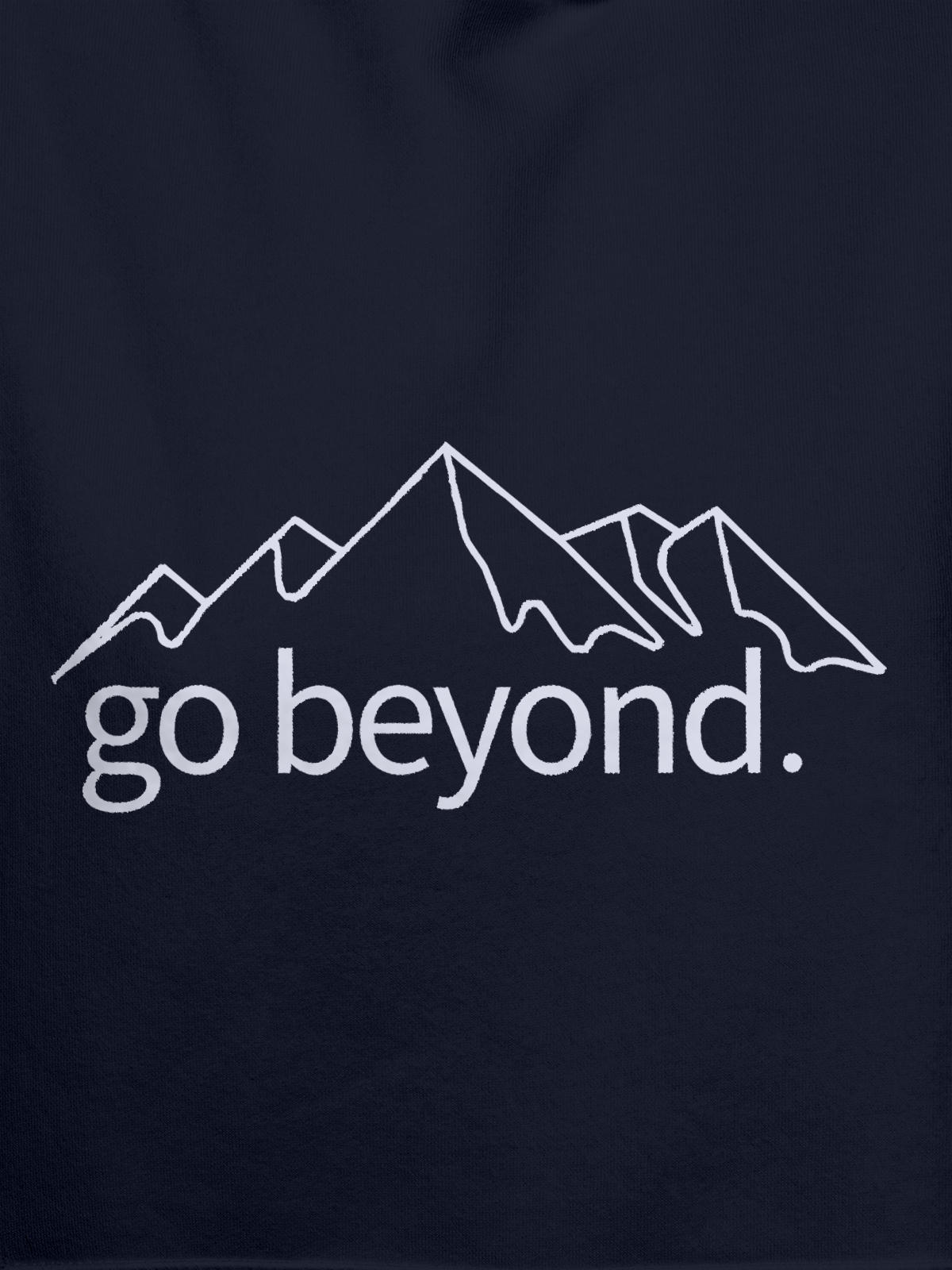 Close up of 'Go Beyond' design on Men's Navy Blue Hoodie Sweatshirt, highlighting intricate details and vibrant print.