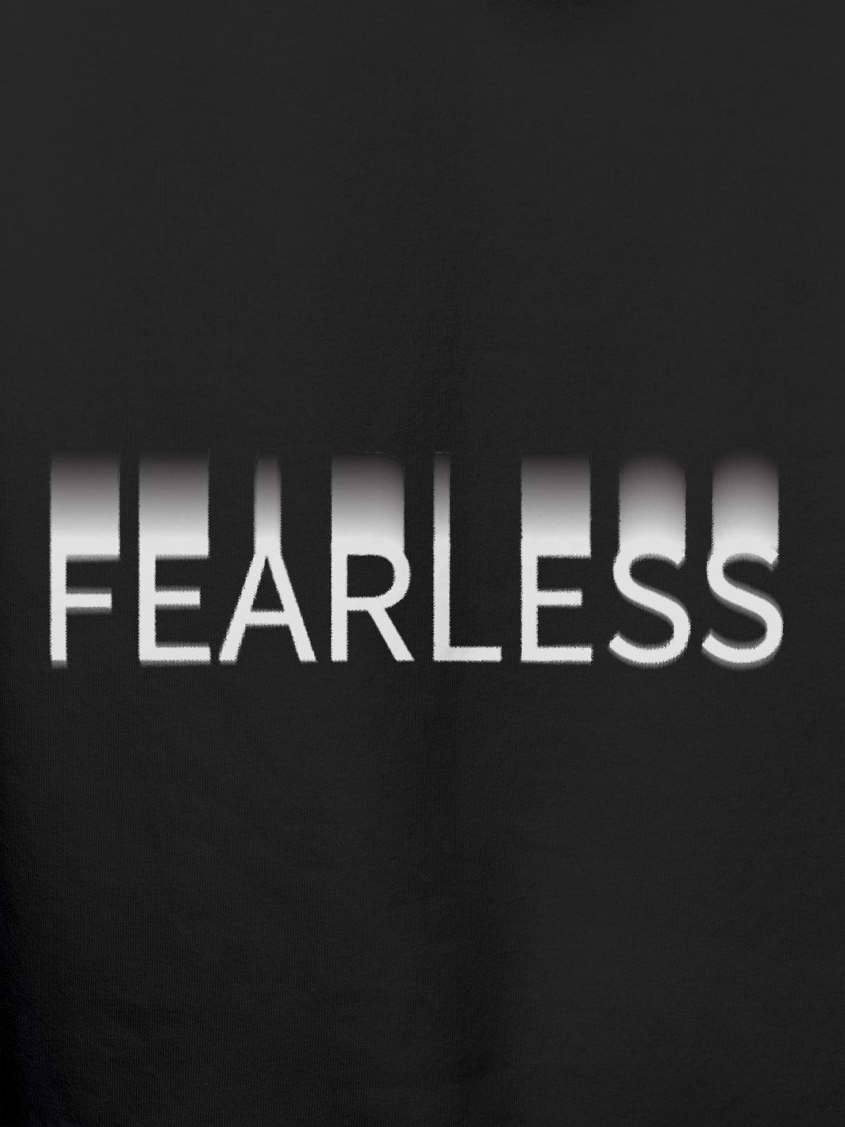 Close up of 'Fearless' design on Men's Dark Grey Hoodie Sweatshirt, highlighting intricate details and vibrant print.
