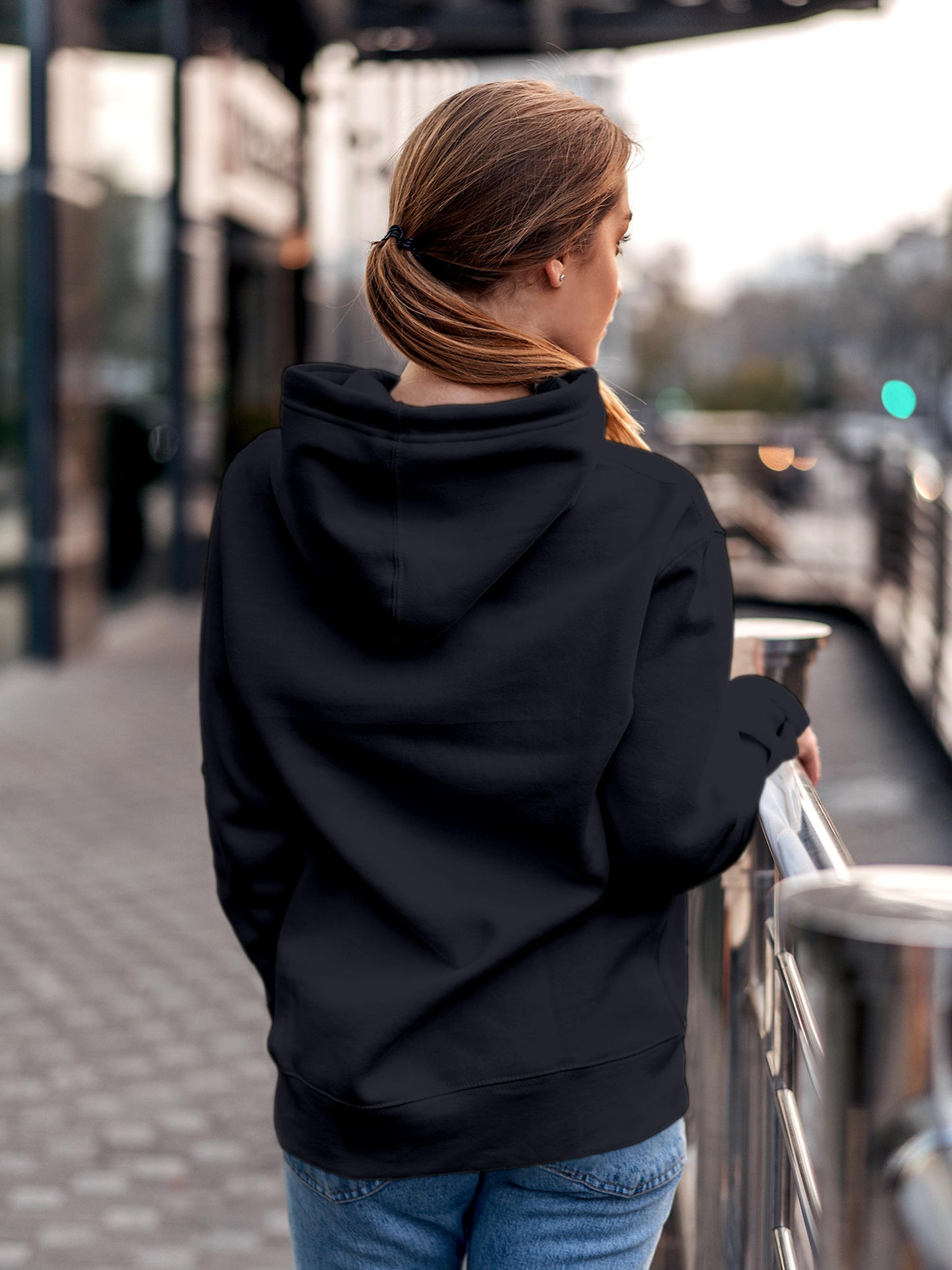 Back view of Fighterhero Women's Navy Blue Hoodie Sweatshirt, highlighting the modern look and clean finish