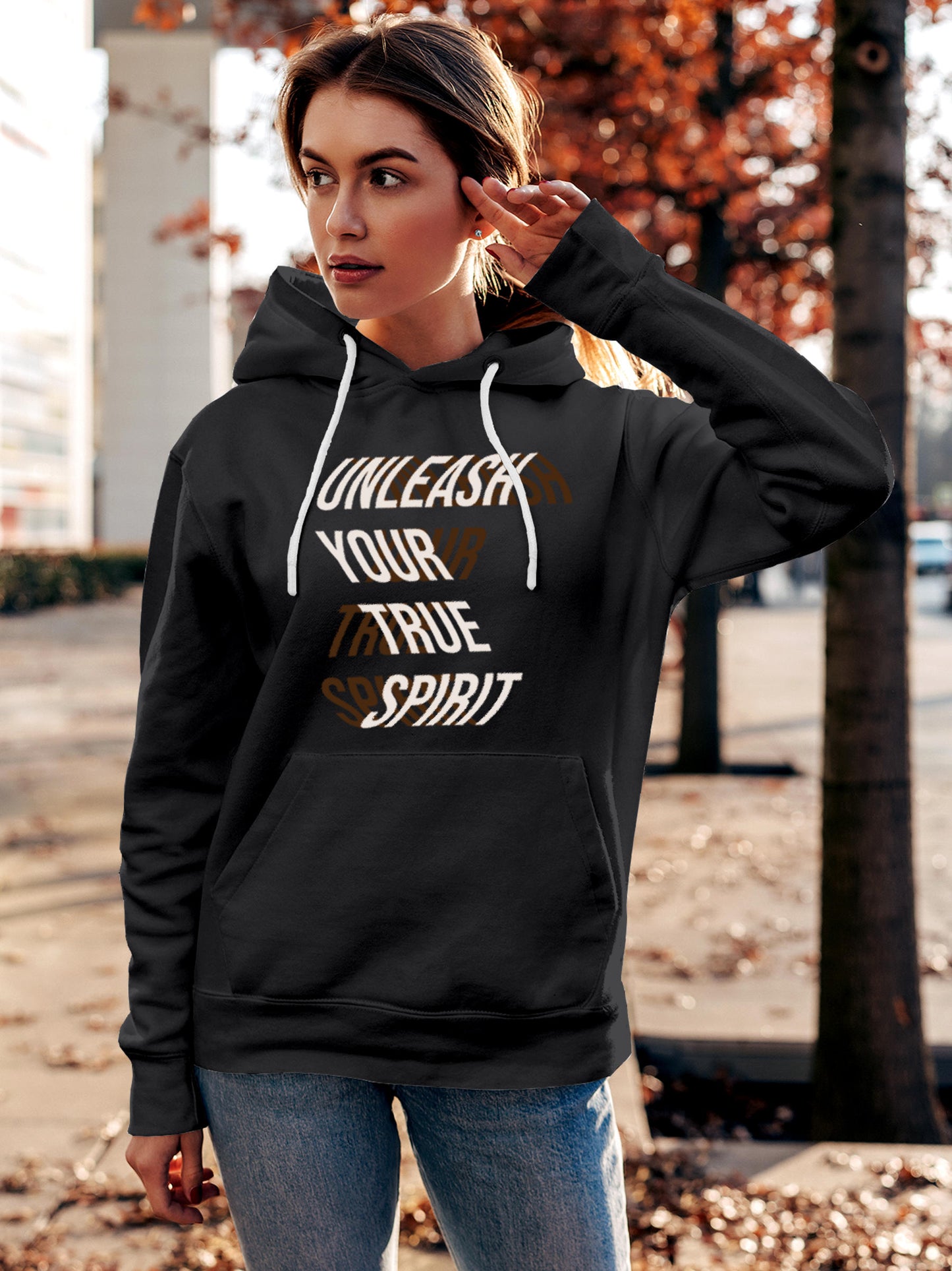 Model wearing Women's Dark Grey Hoodie Sweatshirt with 'Unleash Your True Spirit' design, offering effortless style and premium comfort