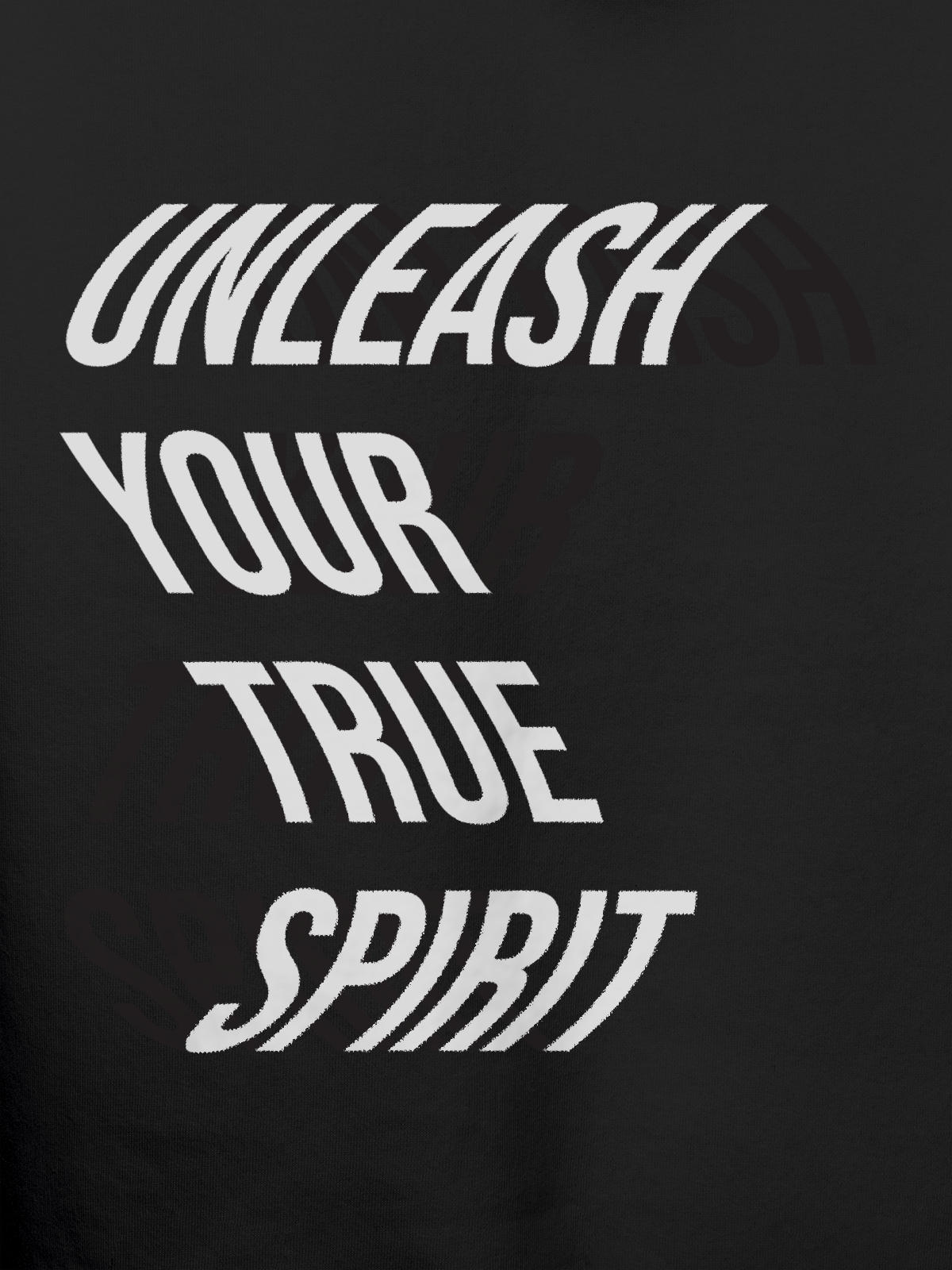 Close up of 'Unleash Your True Spirit' design on Women's Dark Grey Hoodie Sweatshirt, highlighting intricate details and vibrant print.