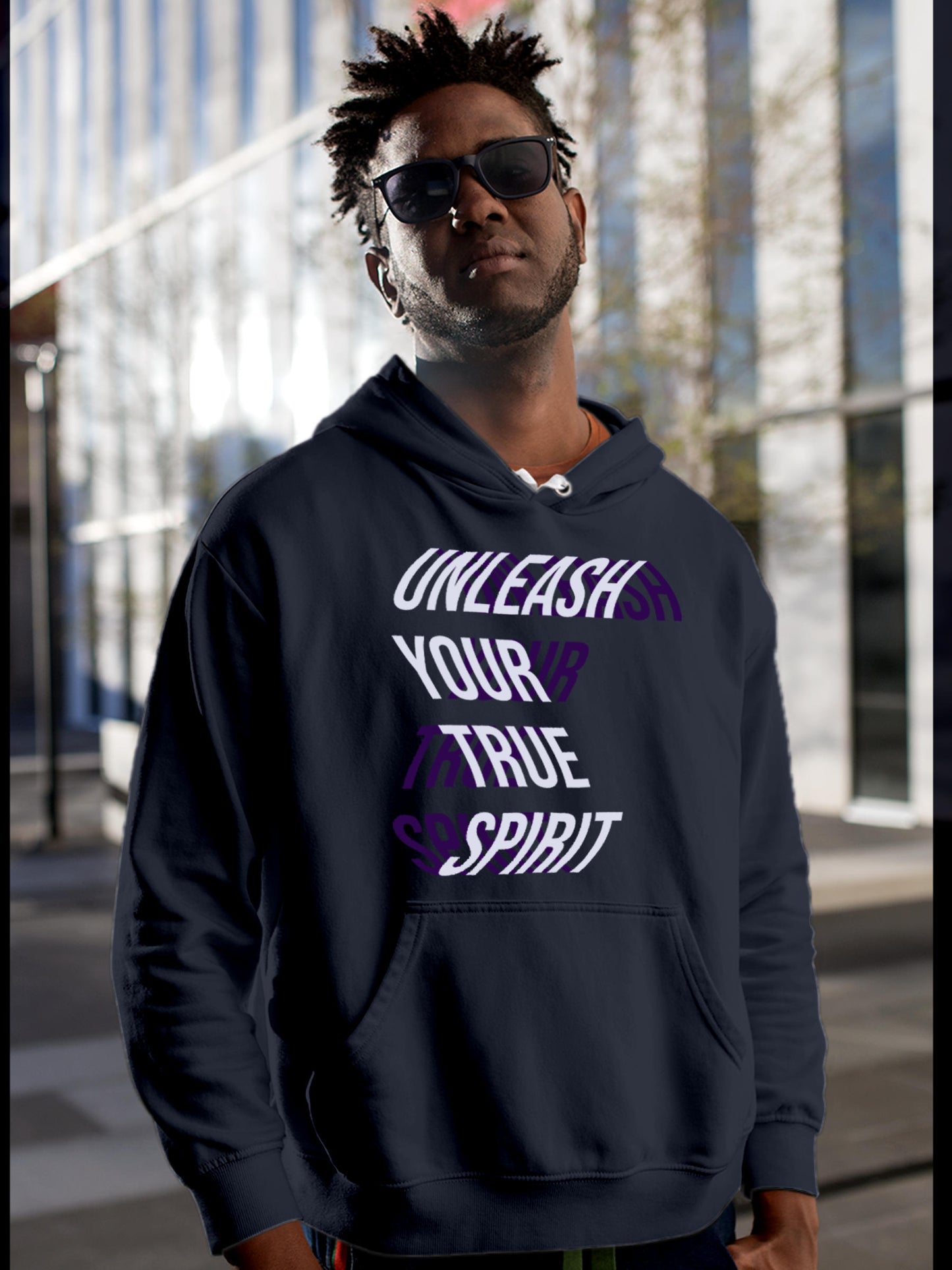 Model wearing Men's Navy Blue Hoodie Sweatshirt with 'Unleash Your True Spirit' design, offering effortless style and premium comfort