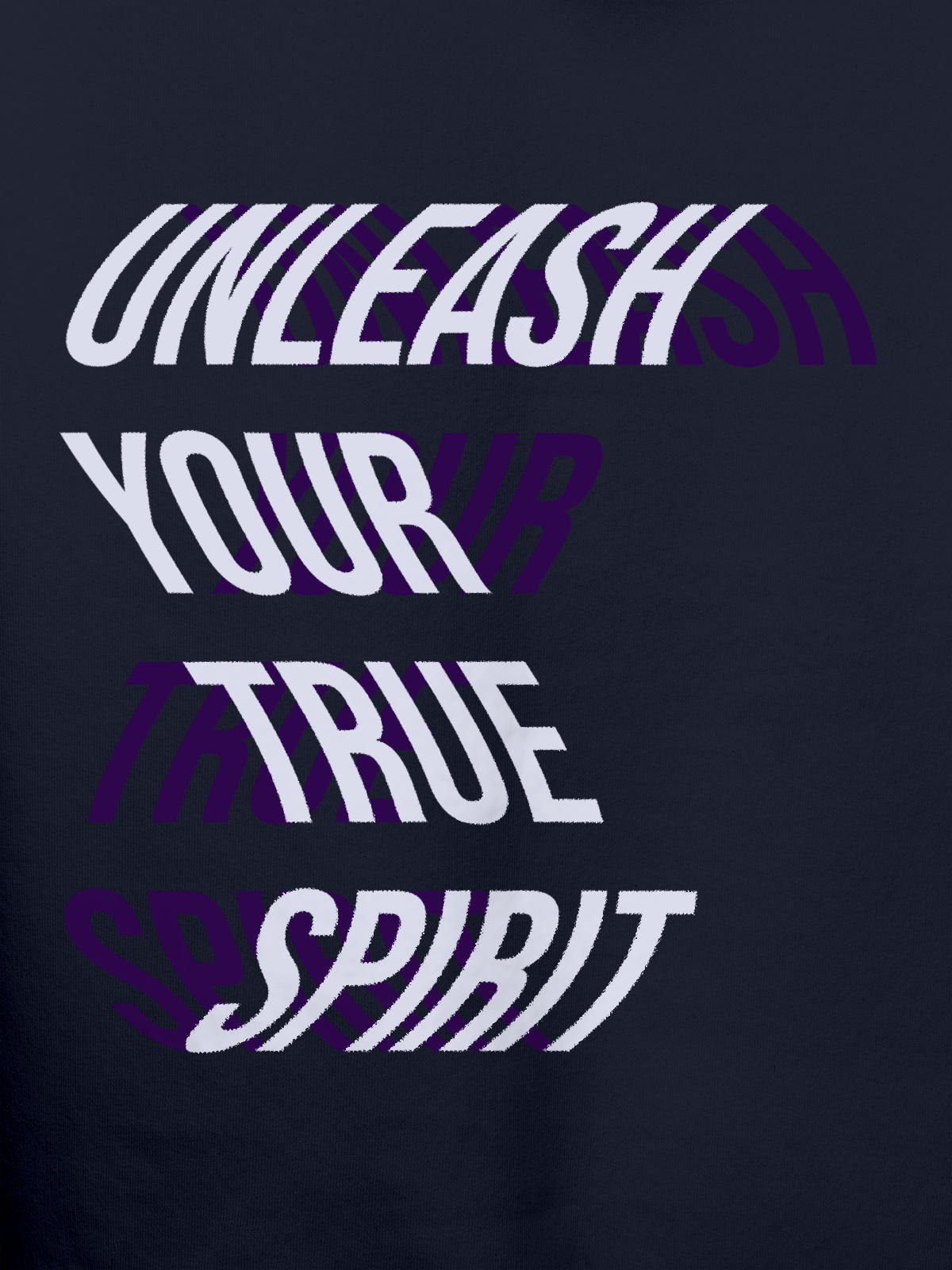 Close up of 'Unleash Your True Spirit' design on Women's Navy Blue Hoodie Sweatshirt, highlighting intricate details and vibrant print.