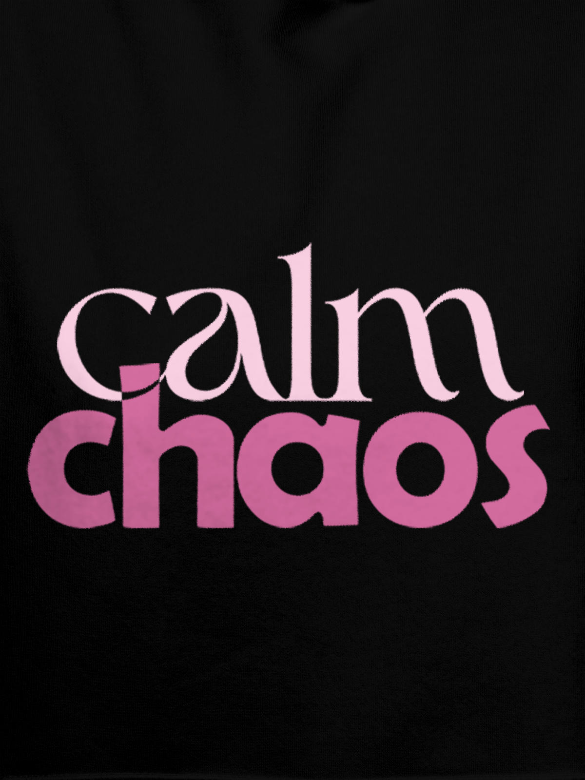 Close up of 'Calm Chaos' design on Women's Black Hoodie Sweatshirt, highlighting intricate details and vibrant print.