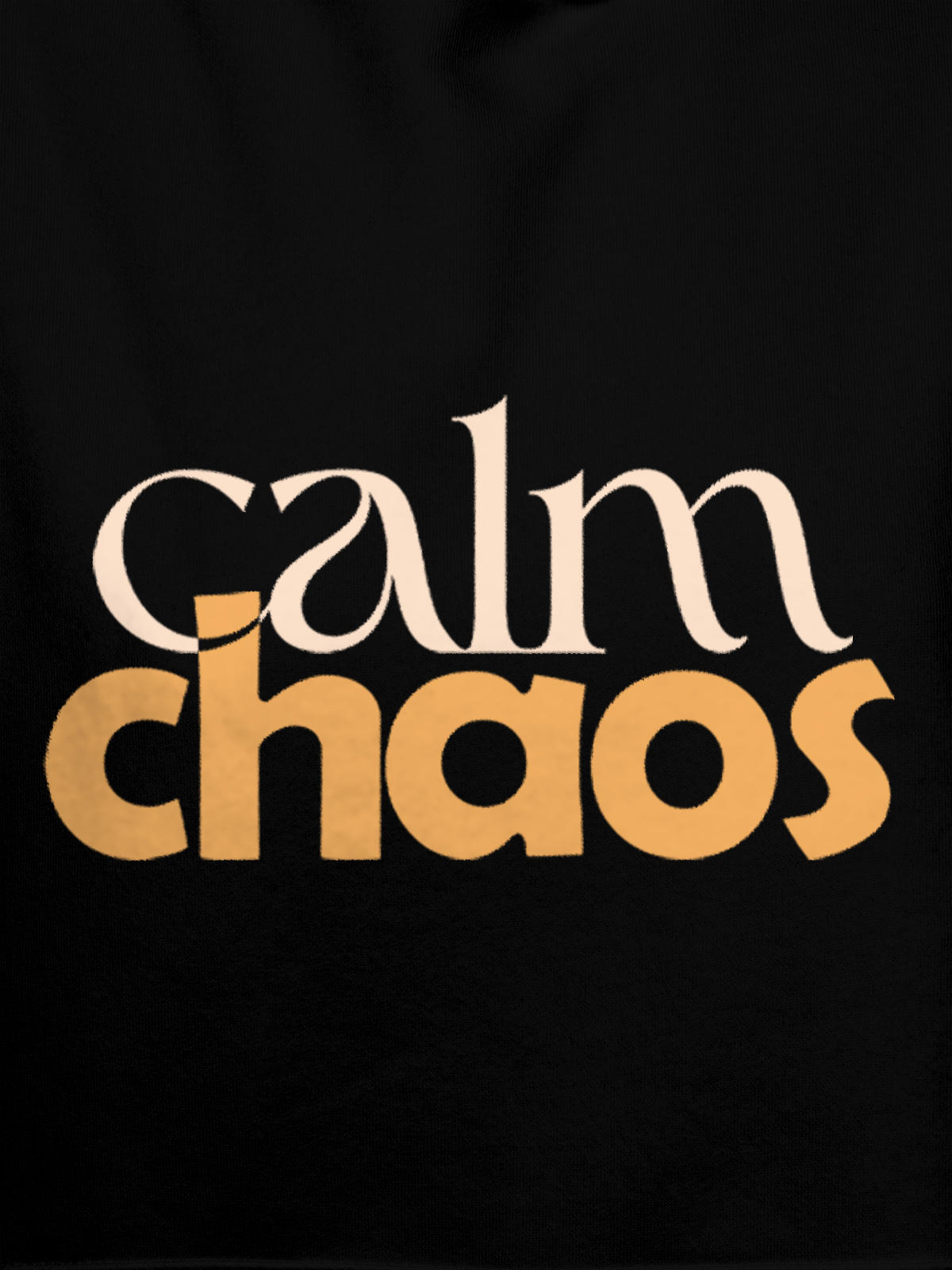 Close up of 'Calm Chaos' design on Women's Black Hoodie Sweatshirt, highlighting intricate details and vibrant print.