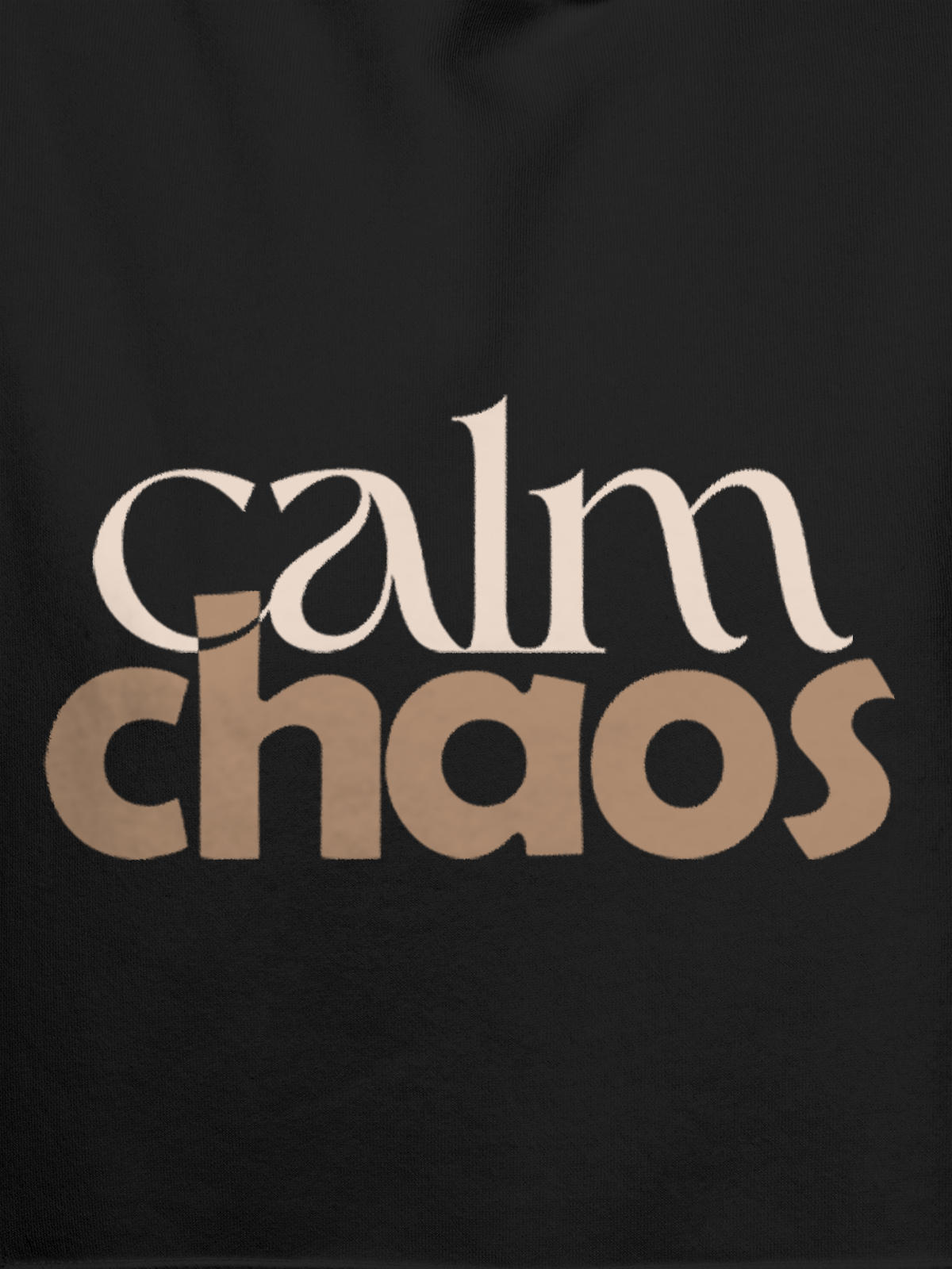 Close up of 'Calm Chaos' design on Women's Dark Grey Hoodie Sweatshirt, highlighting intricate details and vibrant print.